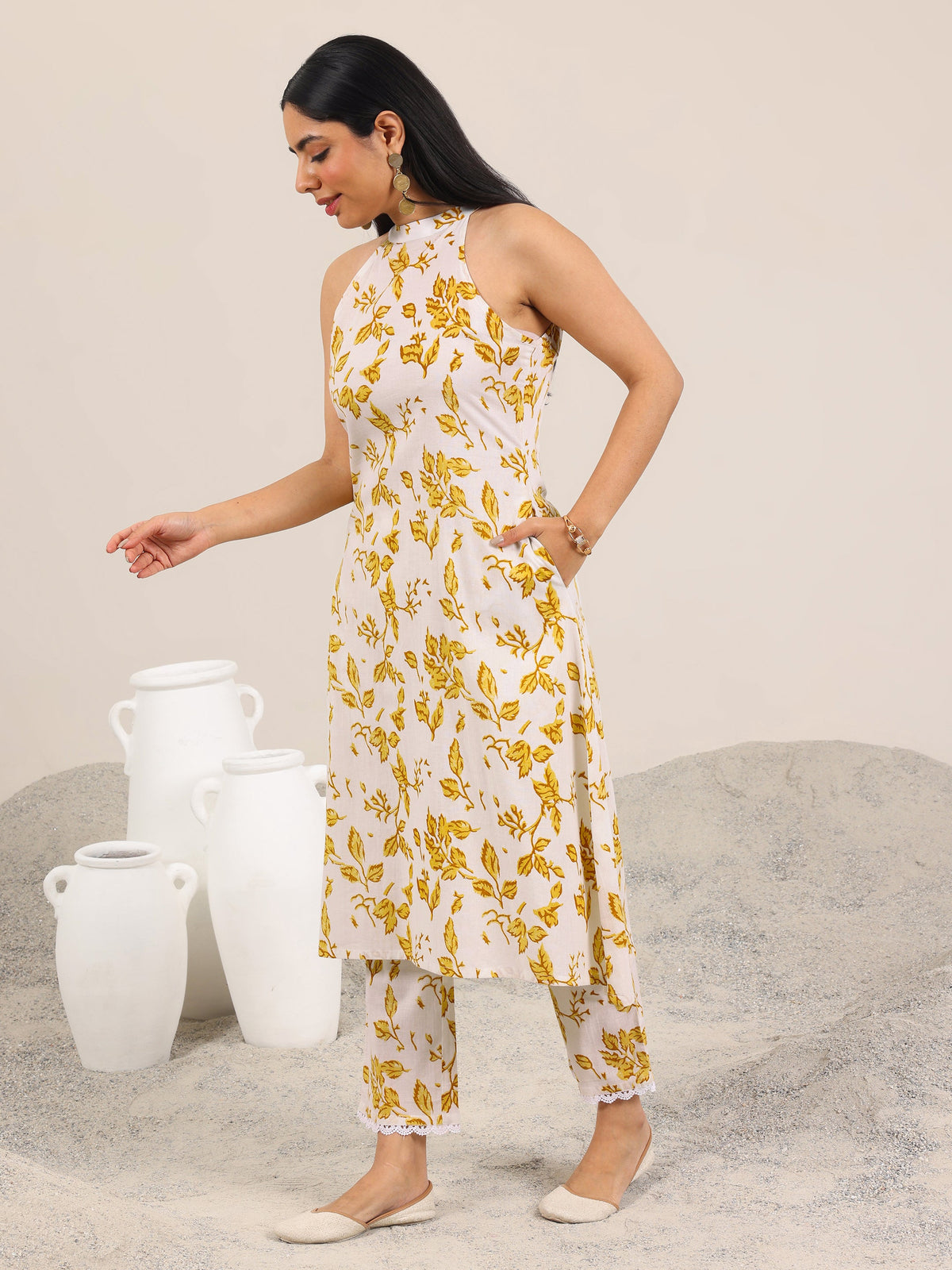 Anouk Off White Printed Pure Cotton A-Line Kurta Set