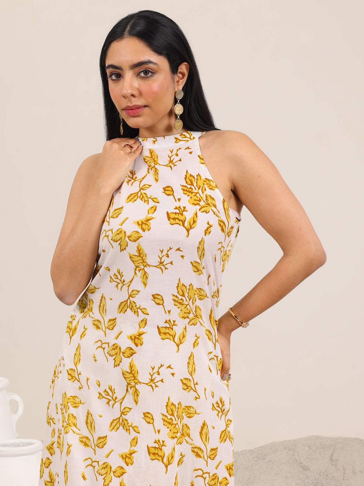 Anouk Off White Printed Pure Cotton A-Line Kurta Set