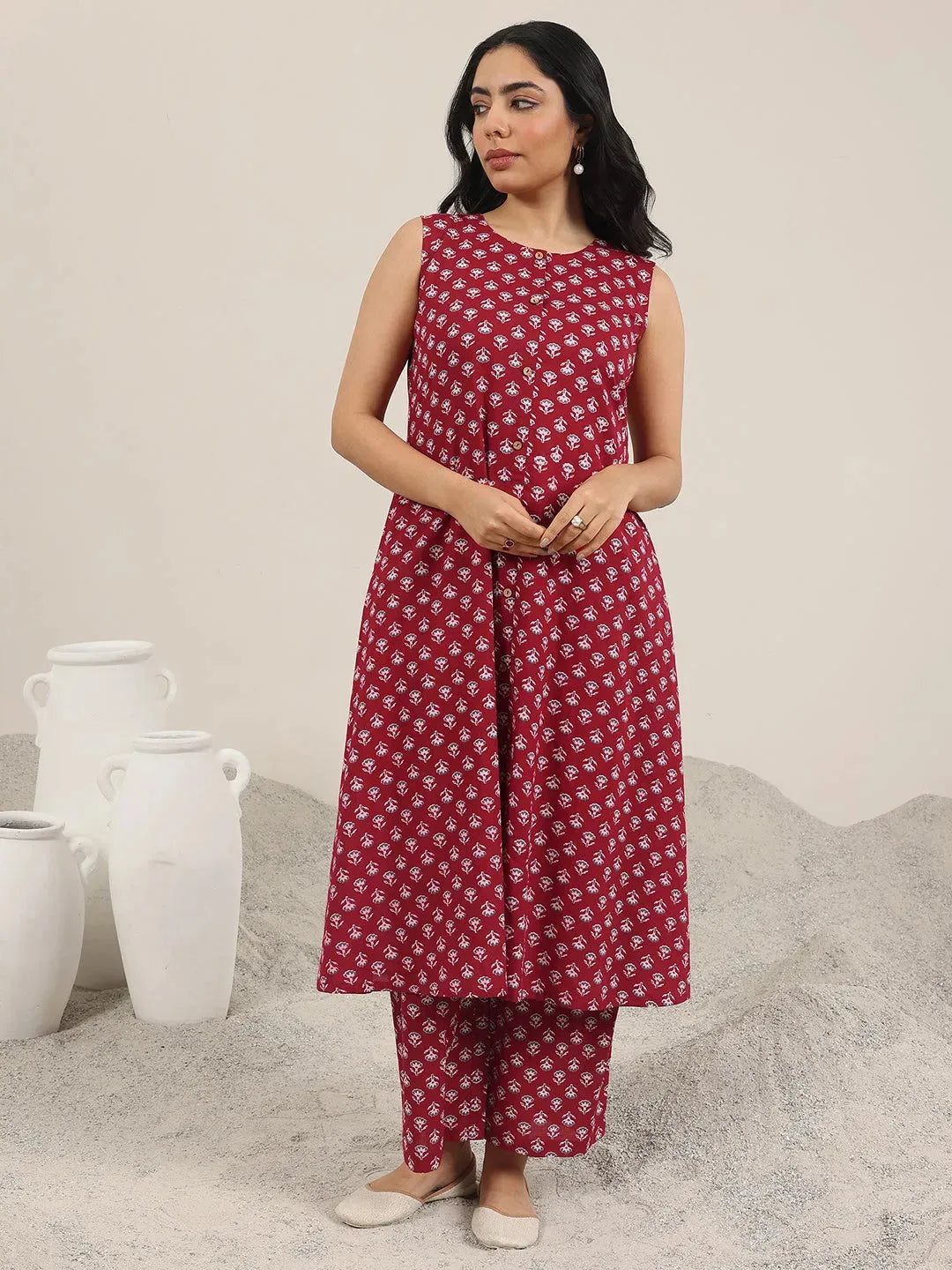Anouk Maroon Printed Pure Cotton A-Line Kurta Set