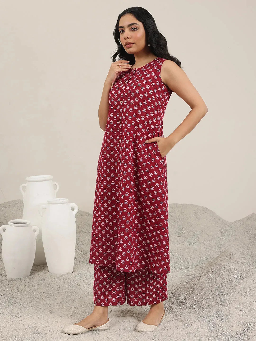 Anouk Maroon Printed Pure Cotton A-Line Kurta Set