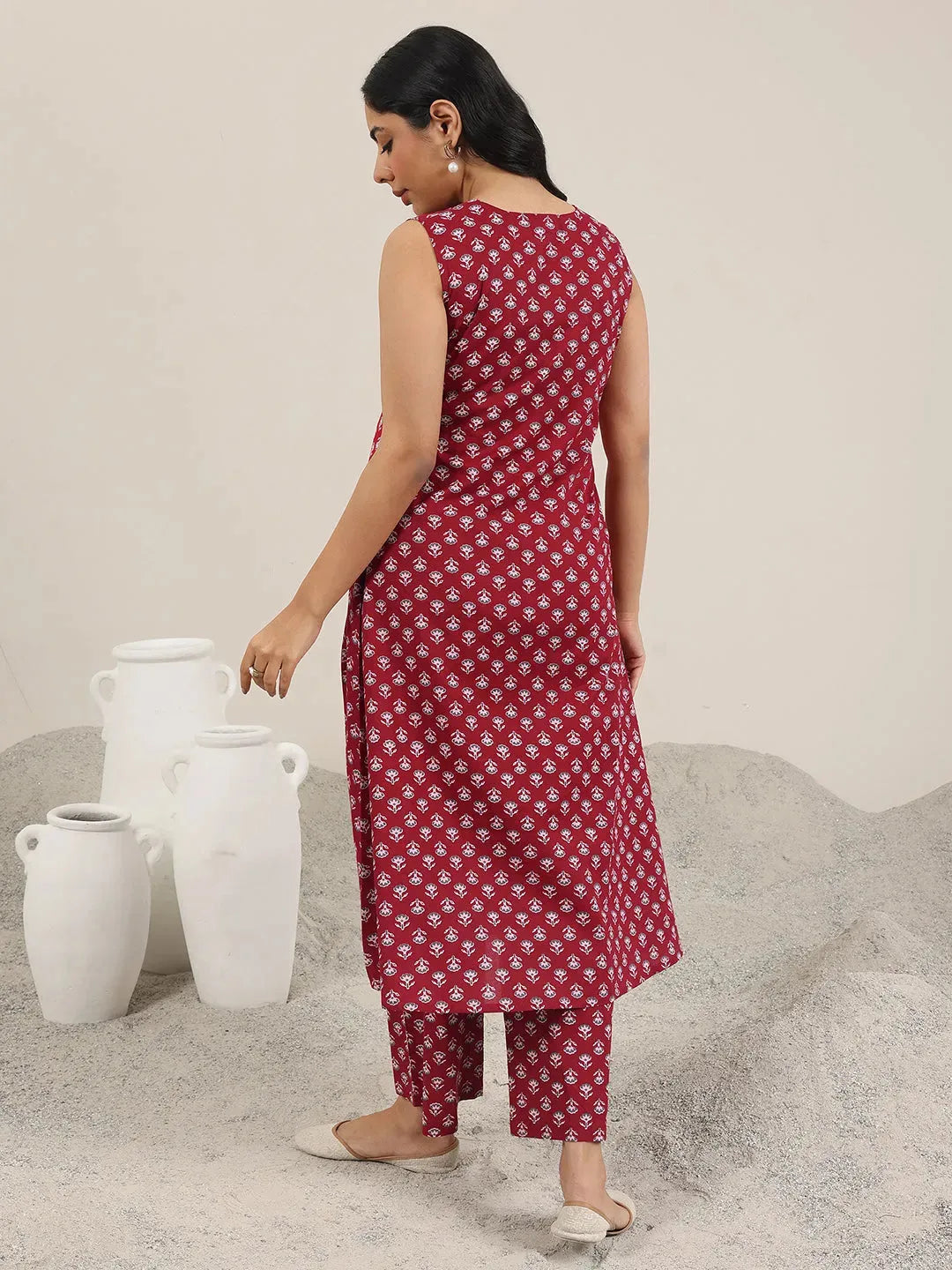 Anouk Maroon Printed Pure Cotton A-Line Kurta Set