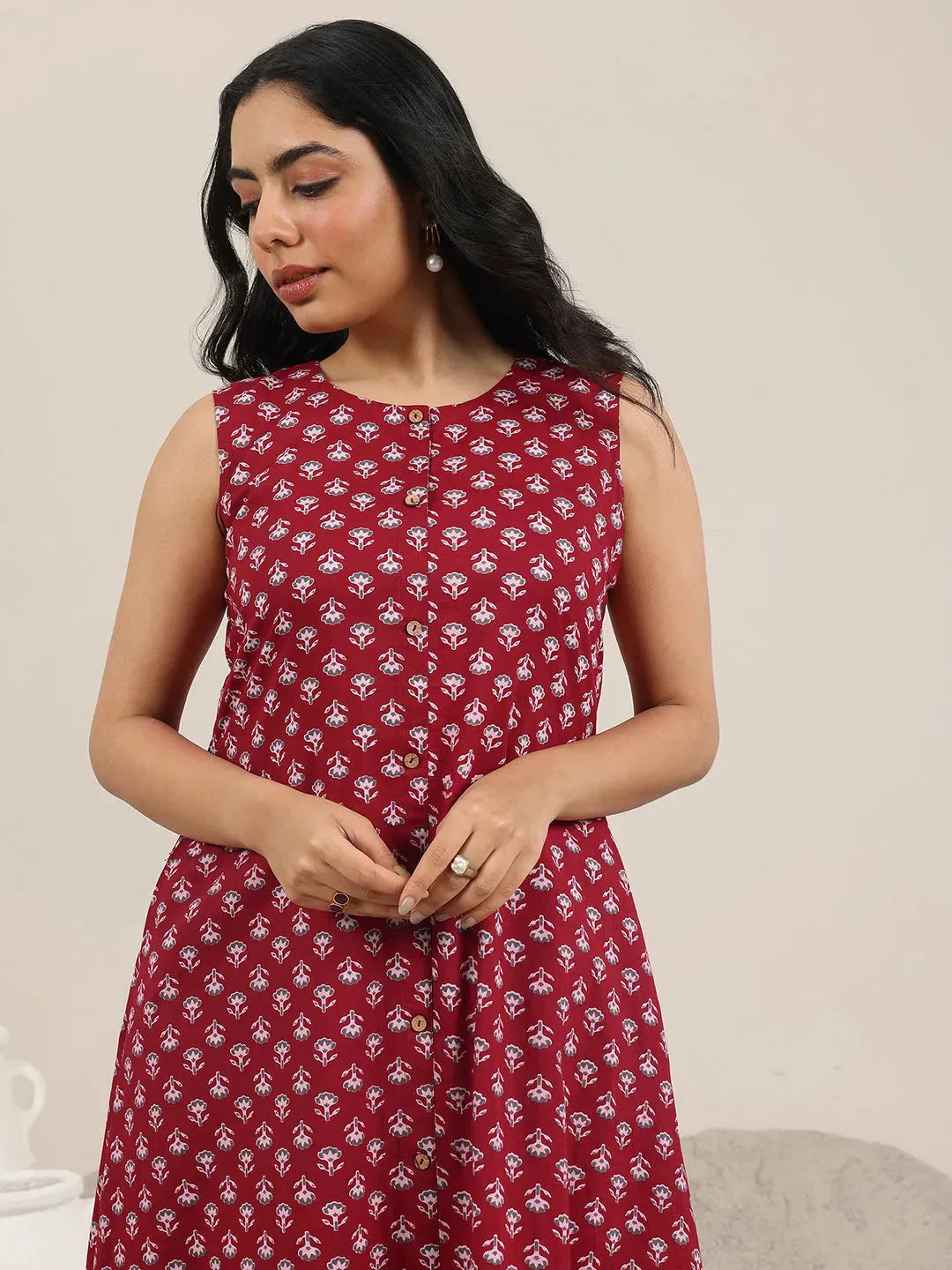 Anouk Maroon Printed Pure Cotton A-Line Kurta Set