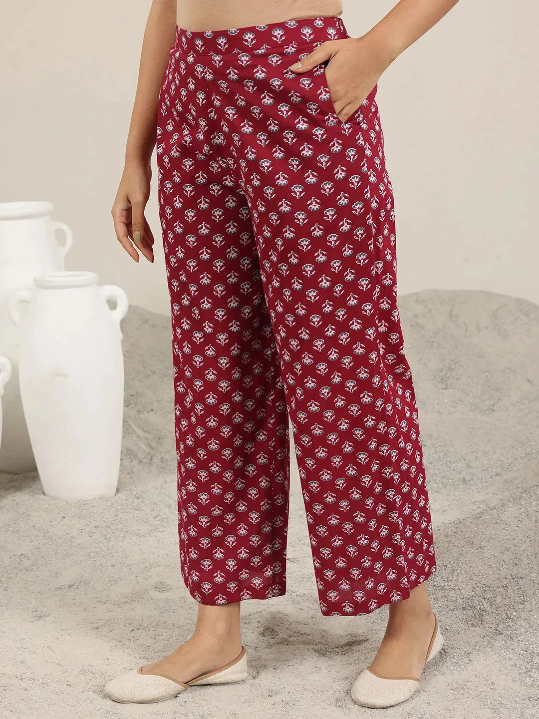 Anouk Maroon Printed Pure Cotton A-Line Kurta Set