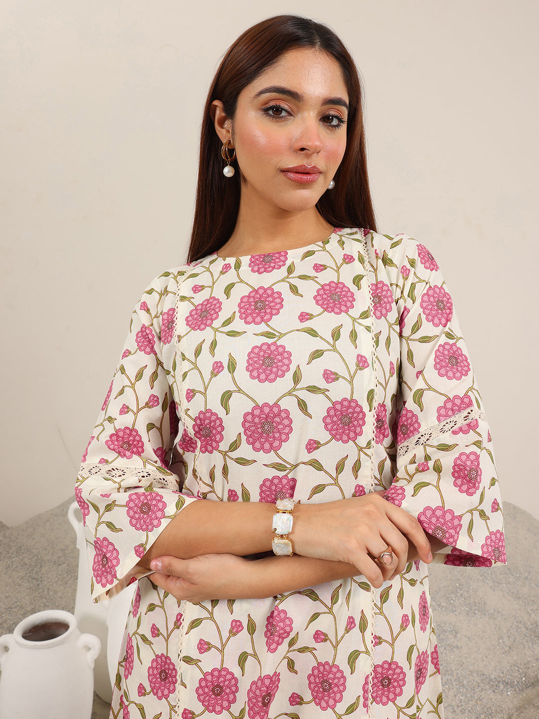 Anouk Off White Printed Pure Cotton Straight Kurta Set