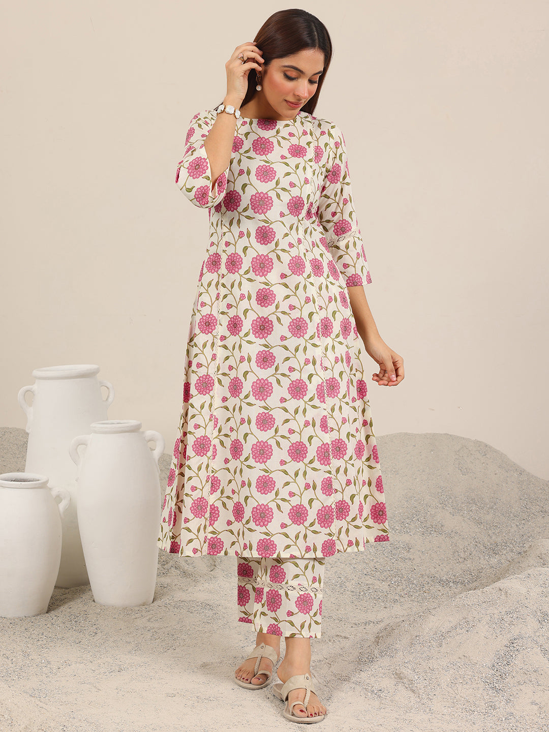 Anouk Off White Printed Pure Cotton Straight Kurta Set