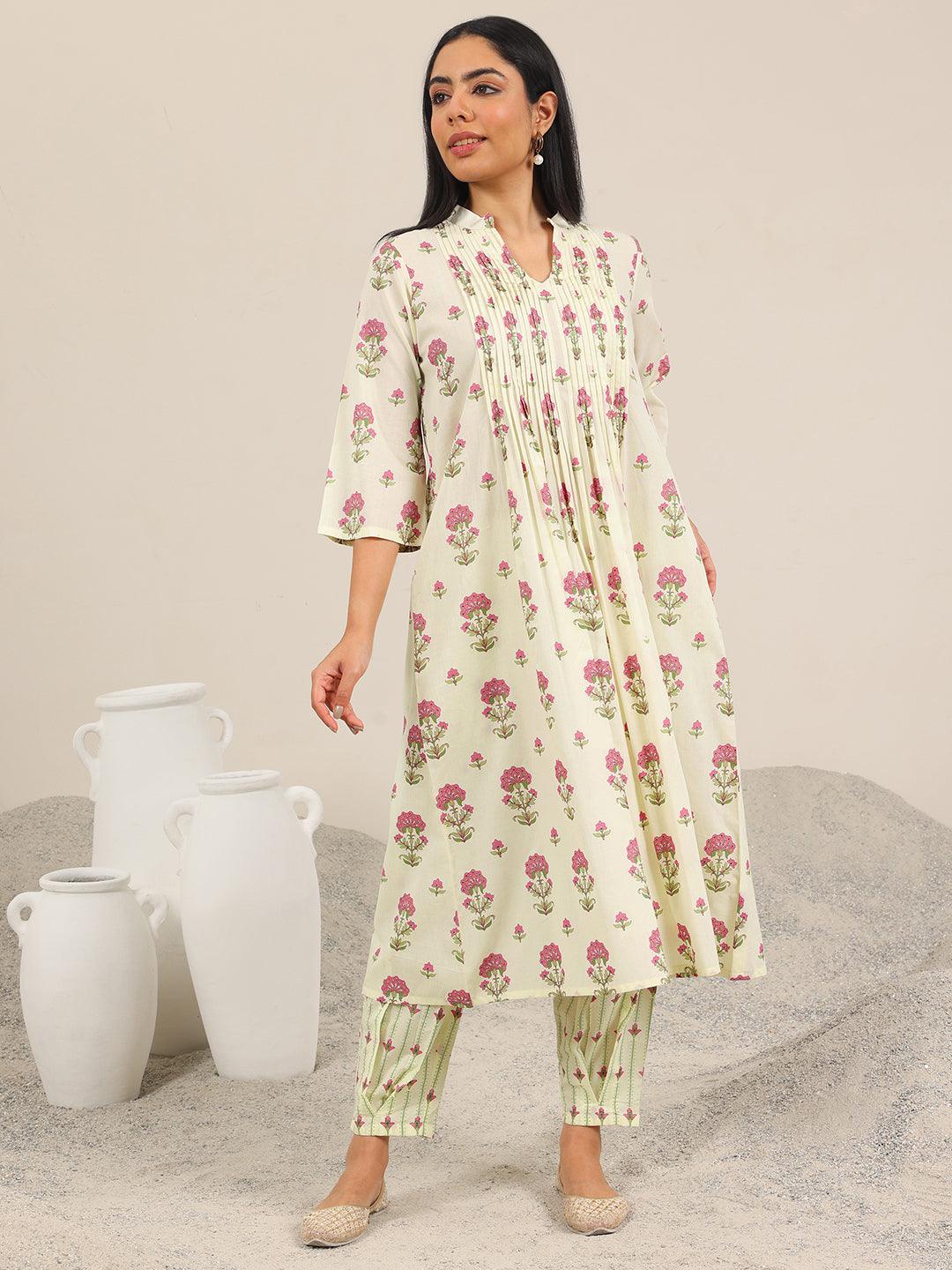 Anouk Off White Printed Pure Cotton Straight Kurta Set
