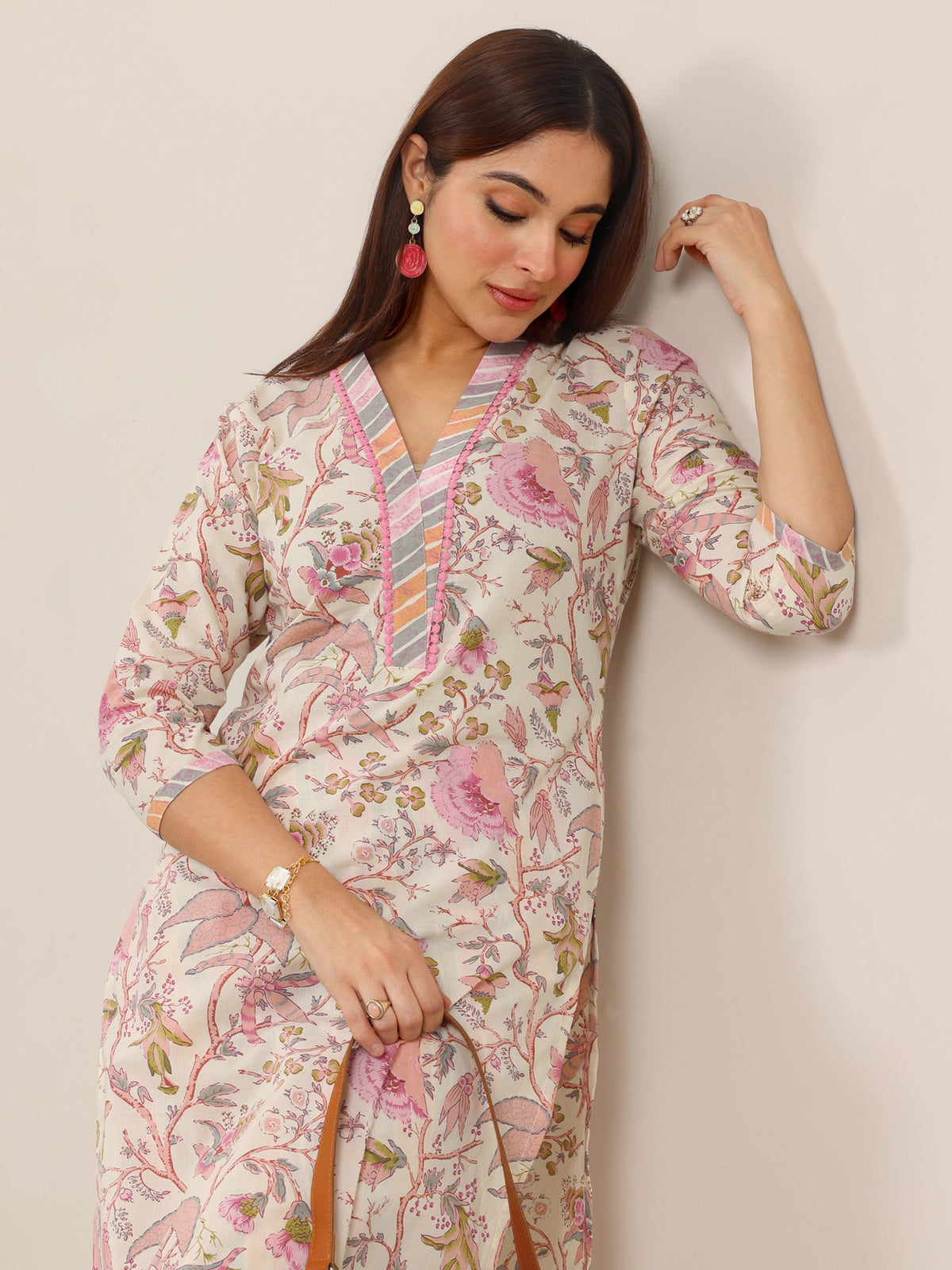 Anouk Off White Printed Pure Cotton Straight Kurta Set