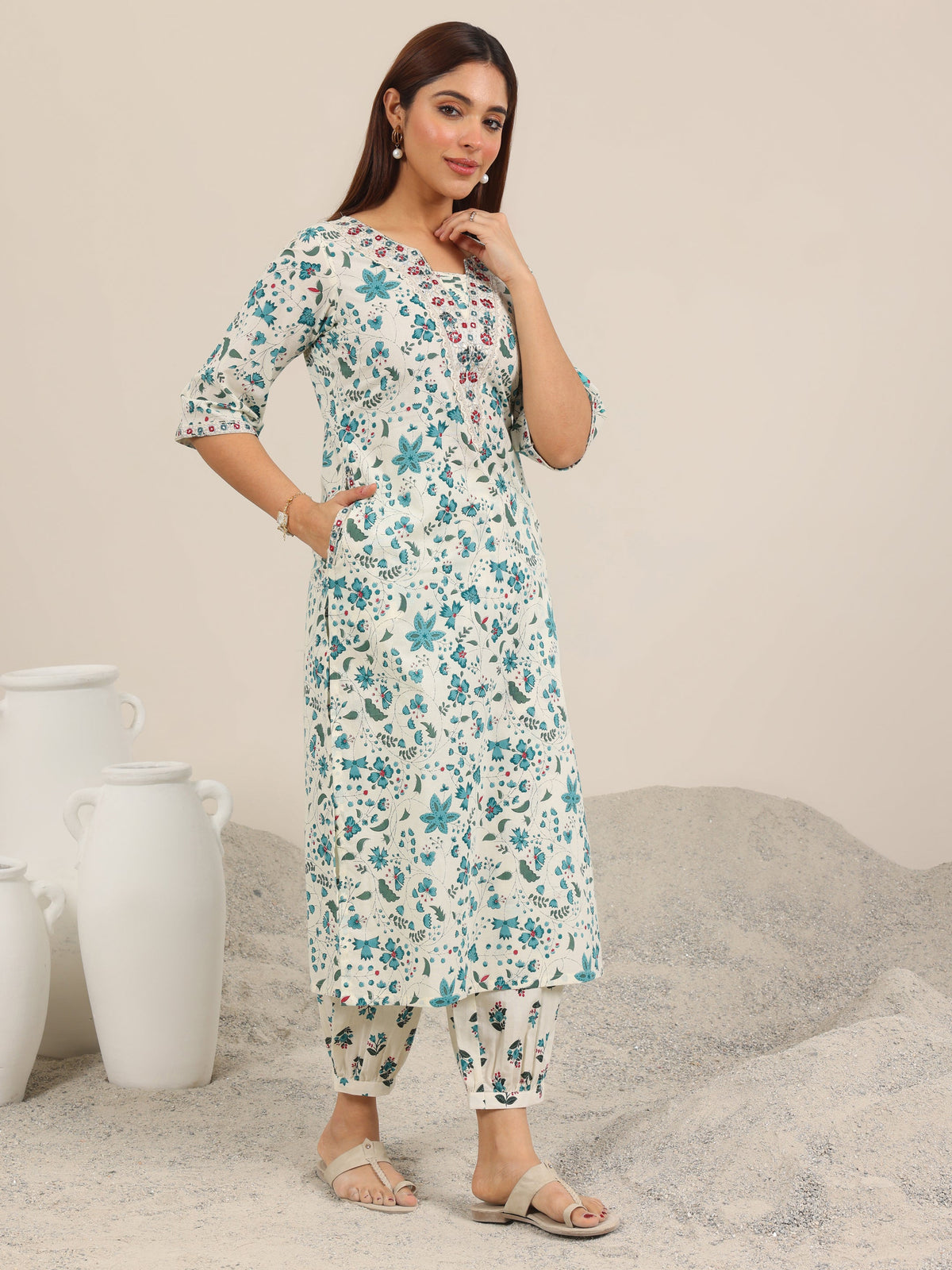 Anouk Off White Printed Cotton Straight Kurta Set