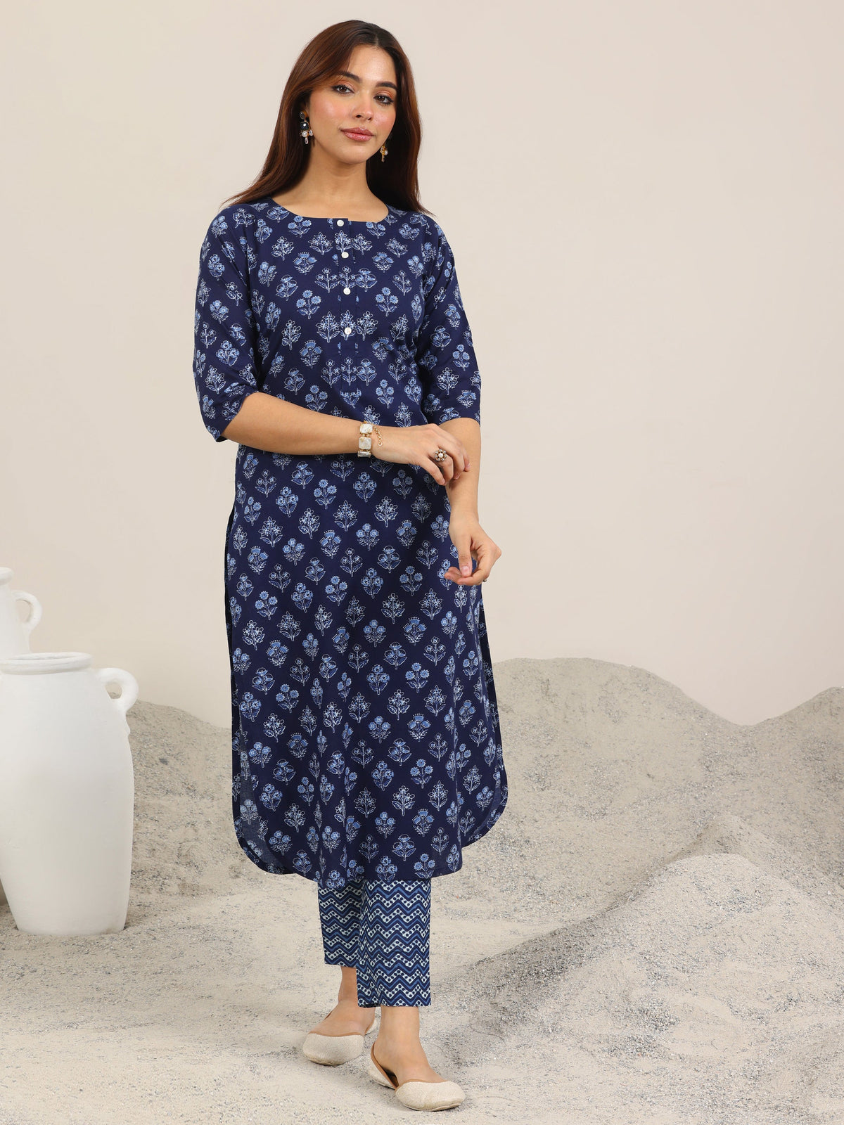 Anouk Blue Printed Cotton Straight Kurta Set