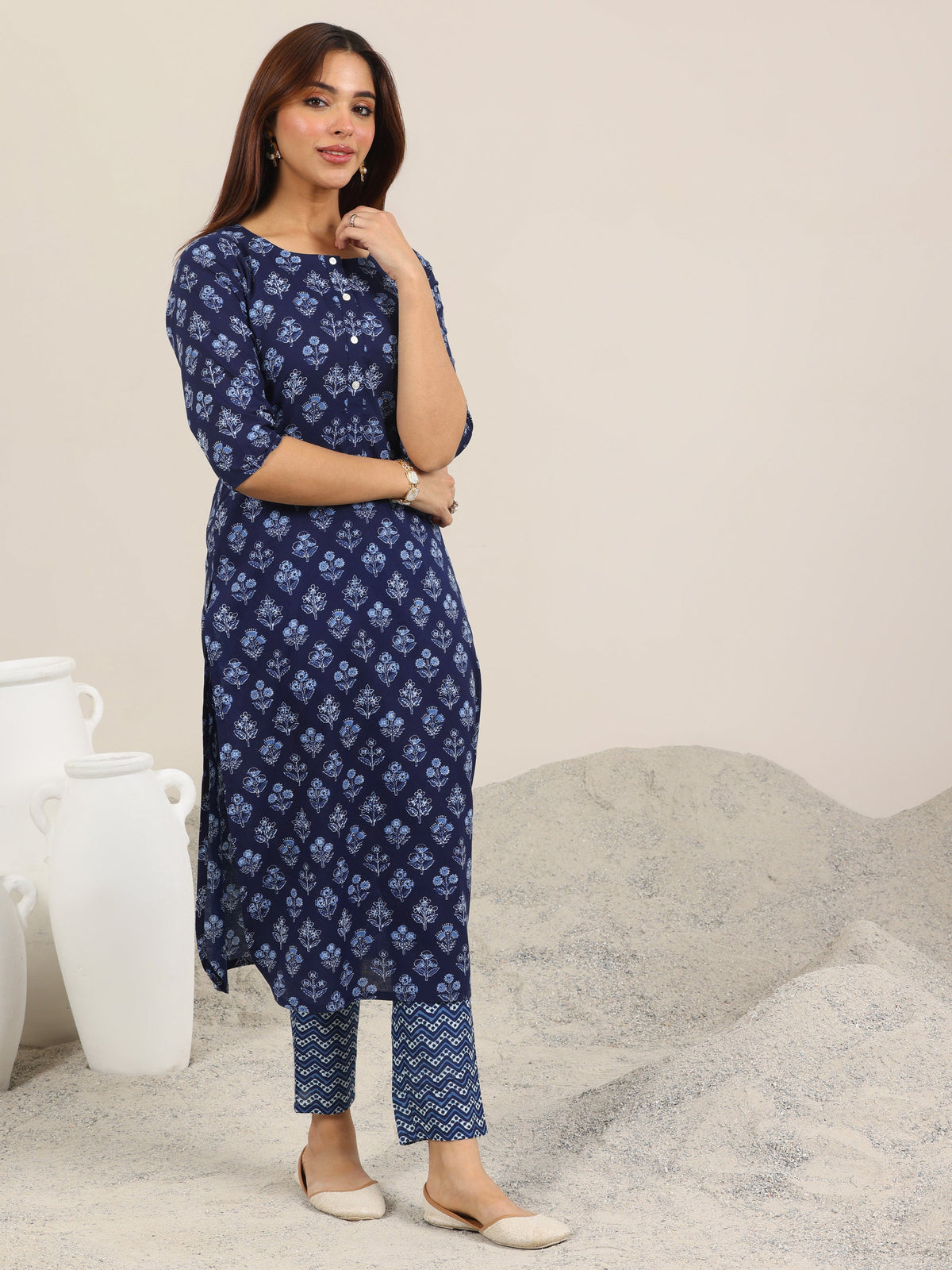 Anouk Blue Printed Cotton Straight Kurta Set