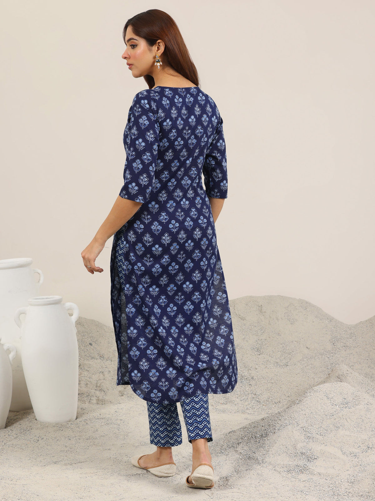 Anouk Blue Printed Cotton Straight Kurta Set