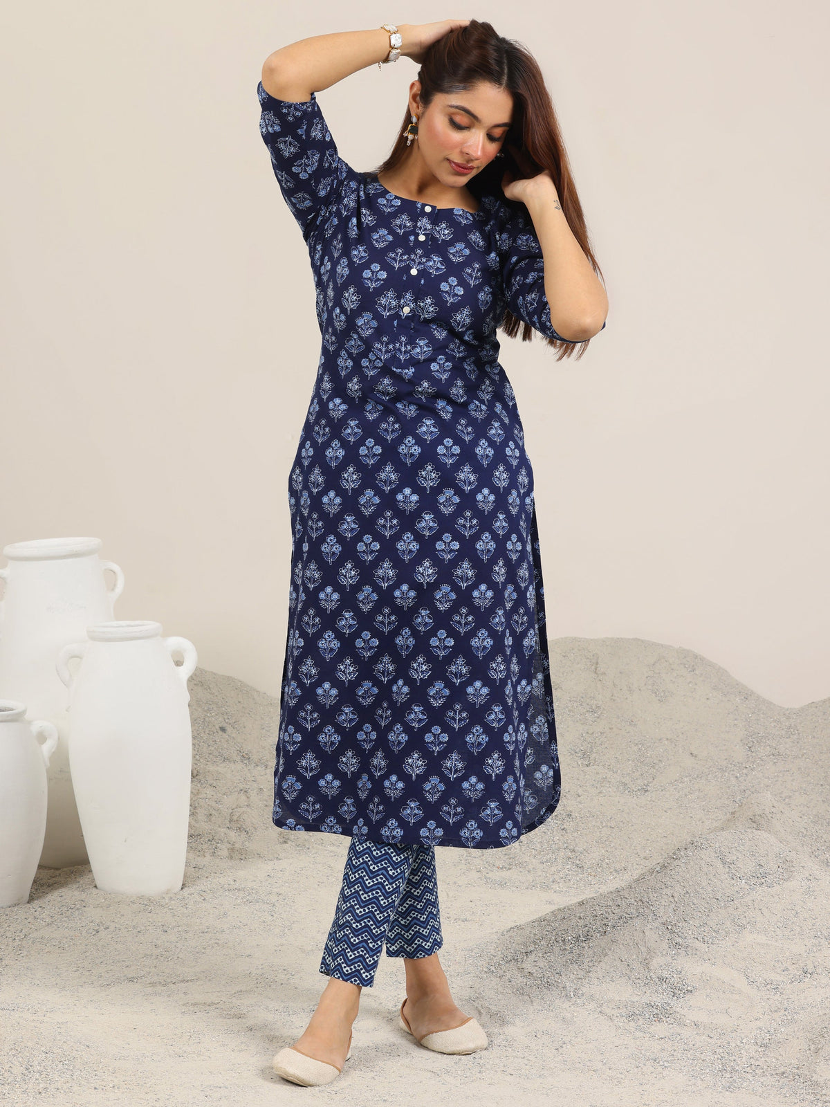 Anouk Blue Printed Cotton Straight Kurta Set