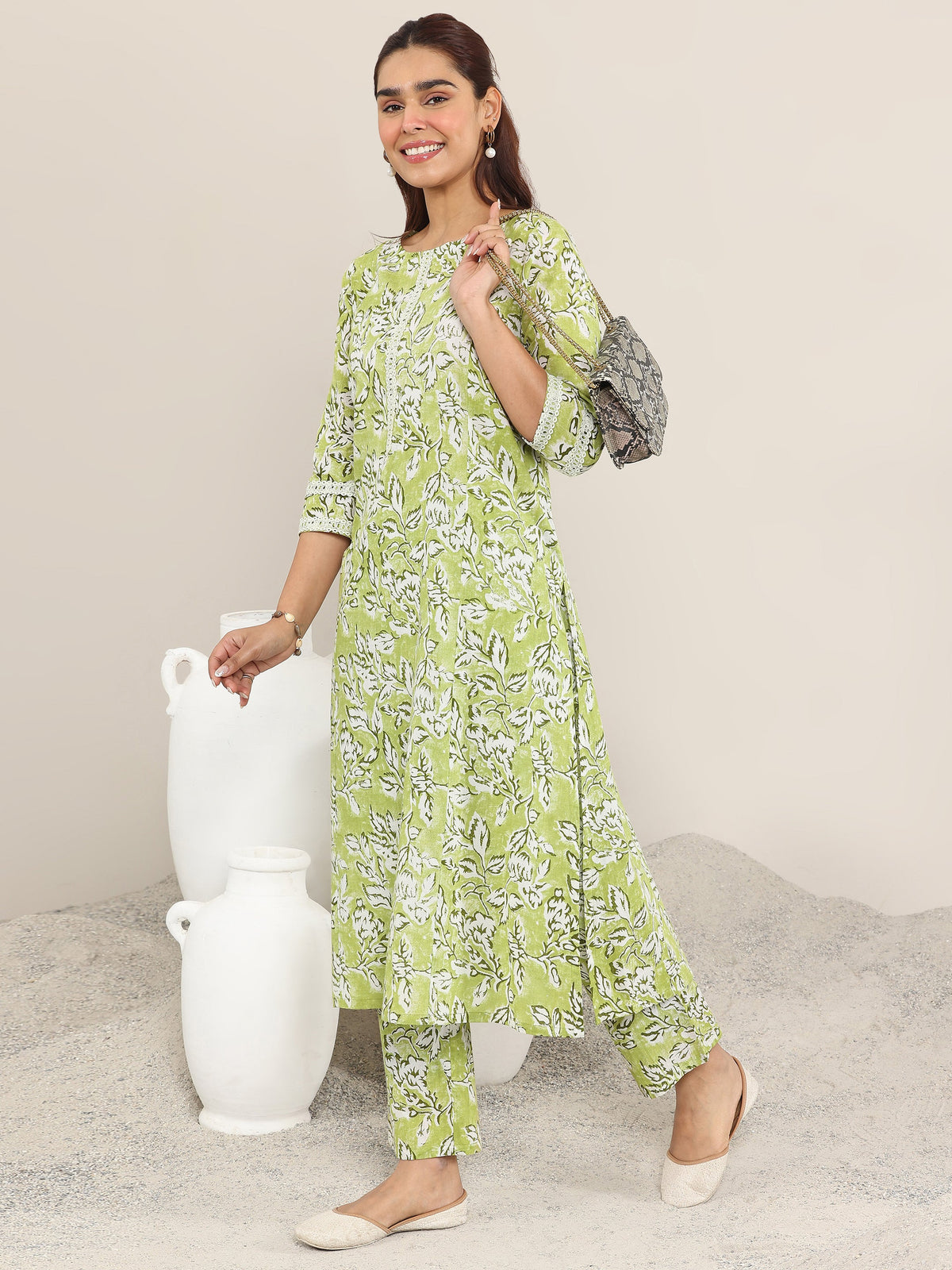 Anouk Green Printed Cotton Straight Kurta Set