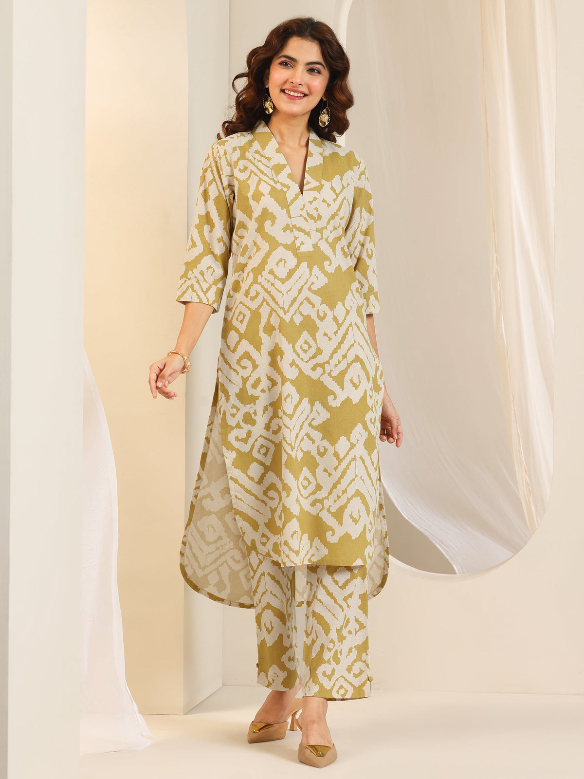 Anouk Mustard Printed Cotton Blend Straight Kurta Set