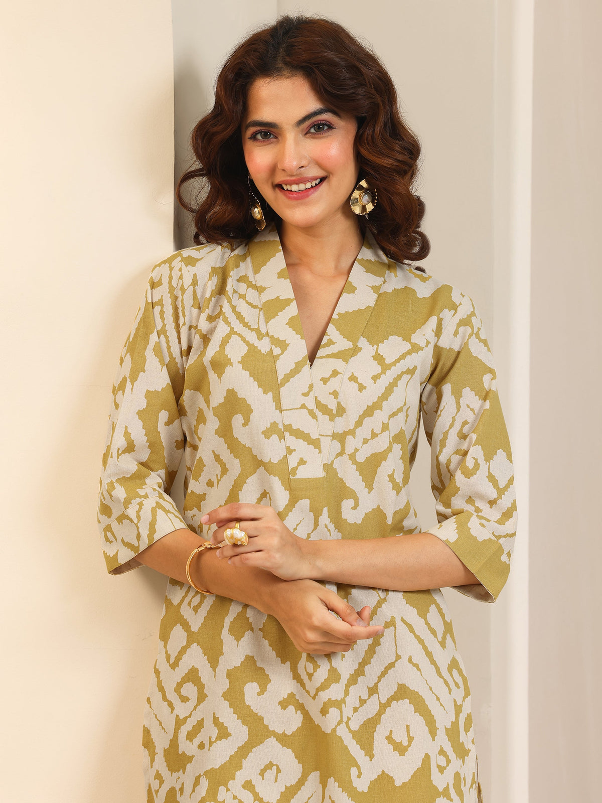 Anouk Mustard Printed Cotton Blend Straight Kurta Set