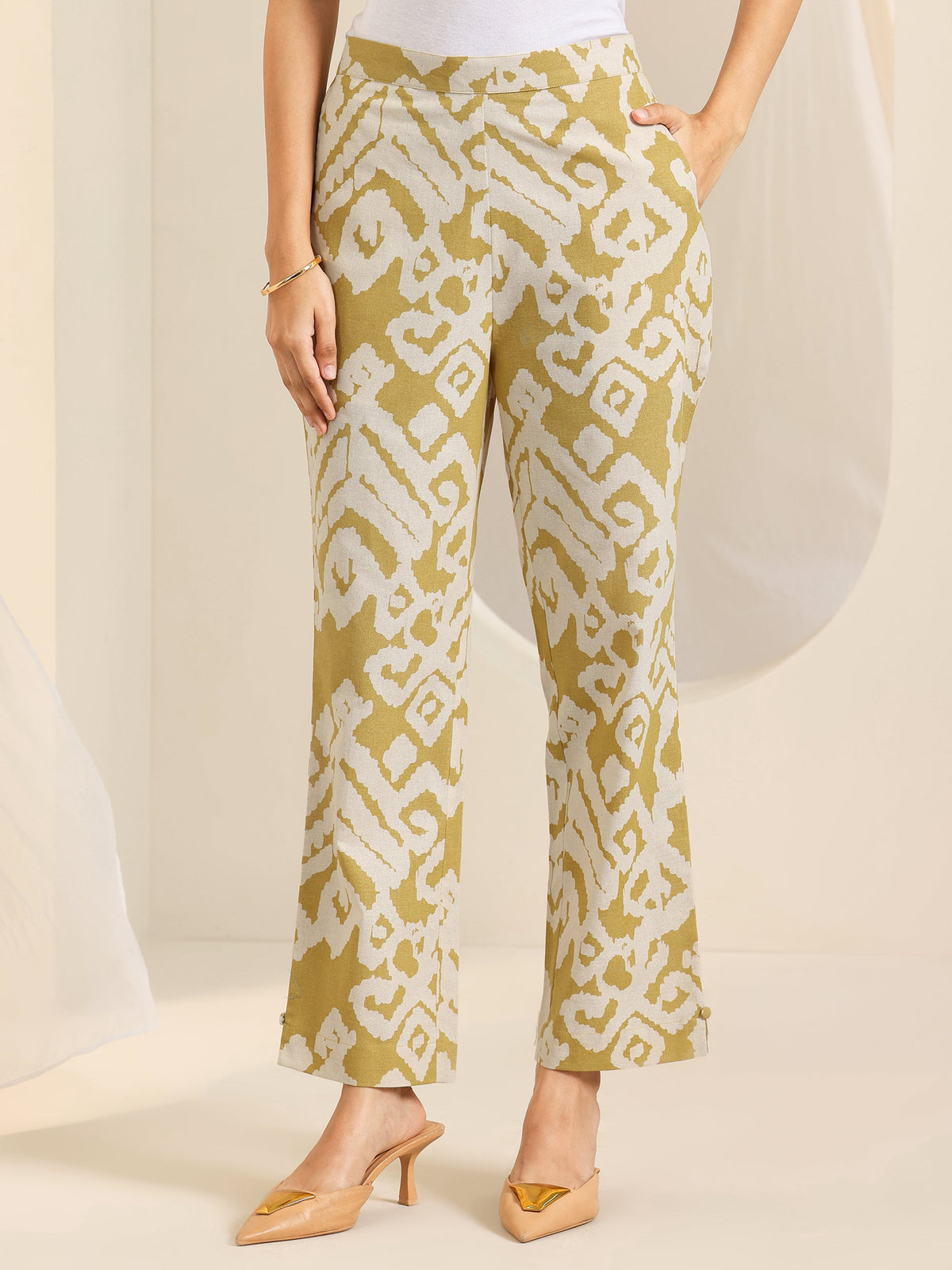 Anouk Mustard Printed Cotton Blend Straight Kurta Set