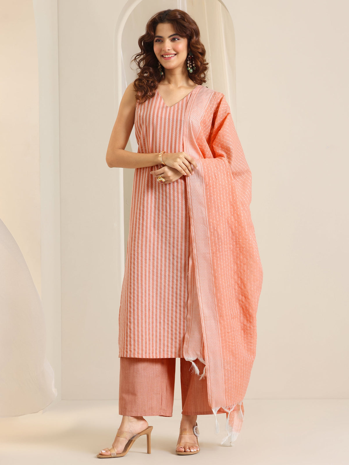 Anouk Peach Woven Design Cotton Blend Straight Suit Set With Dupatta