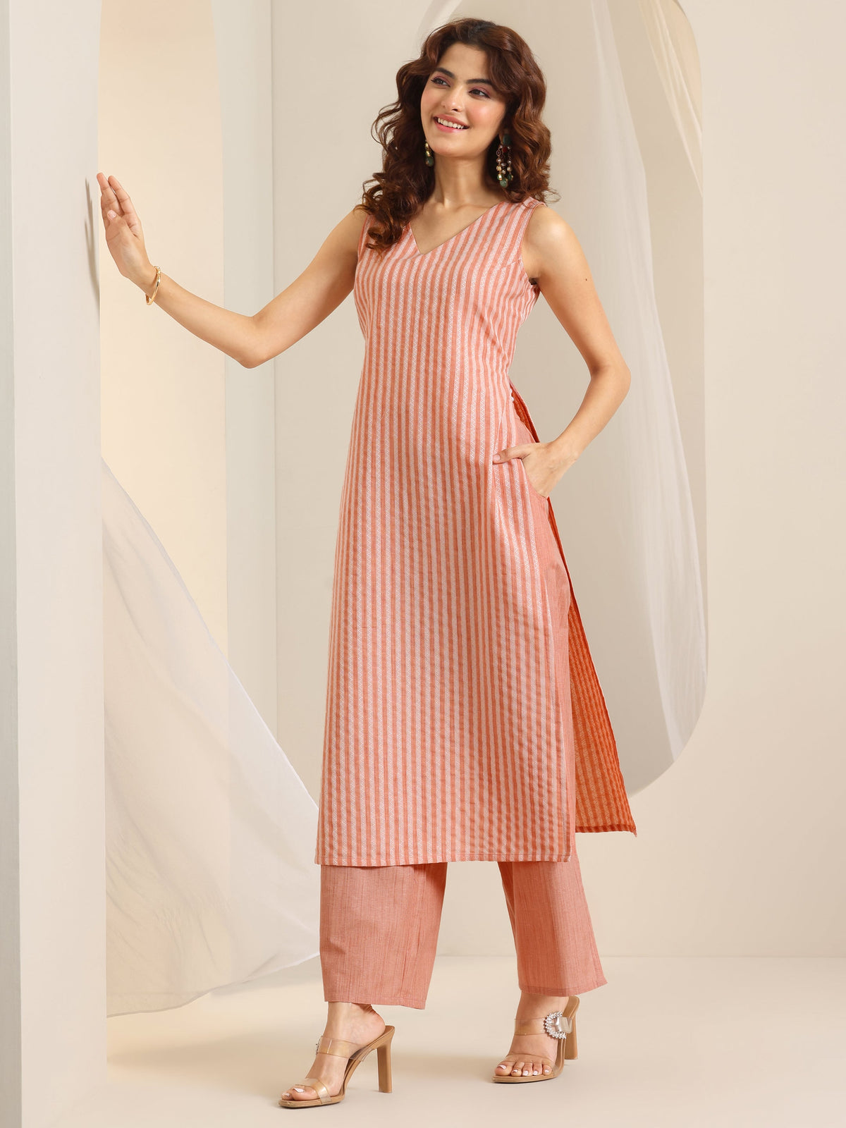 Anouk Peach Woven Design Cotton Blend Straight Suit Set With Dupatta
