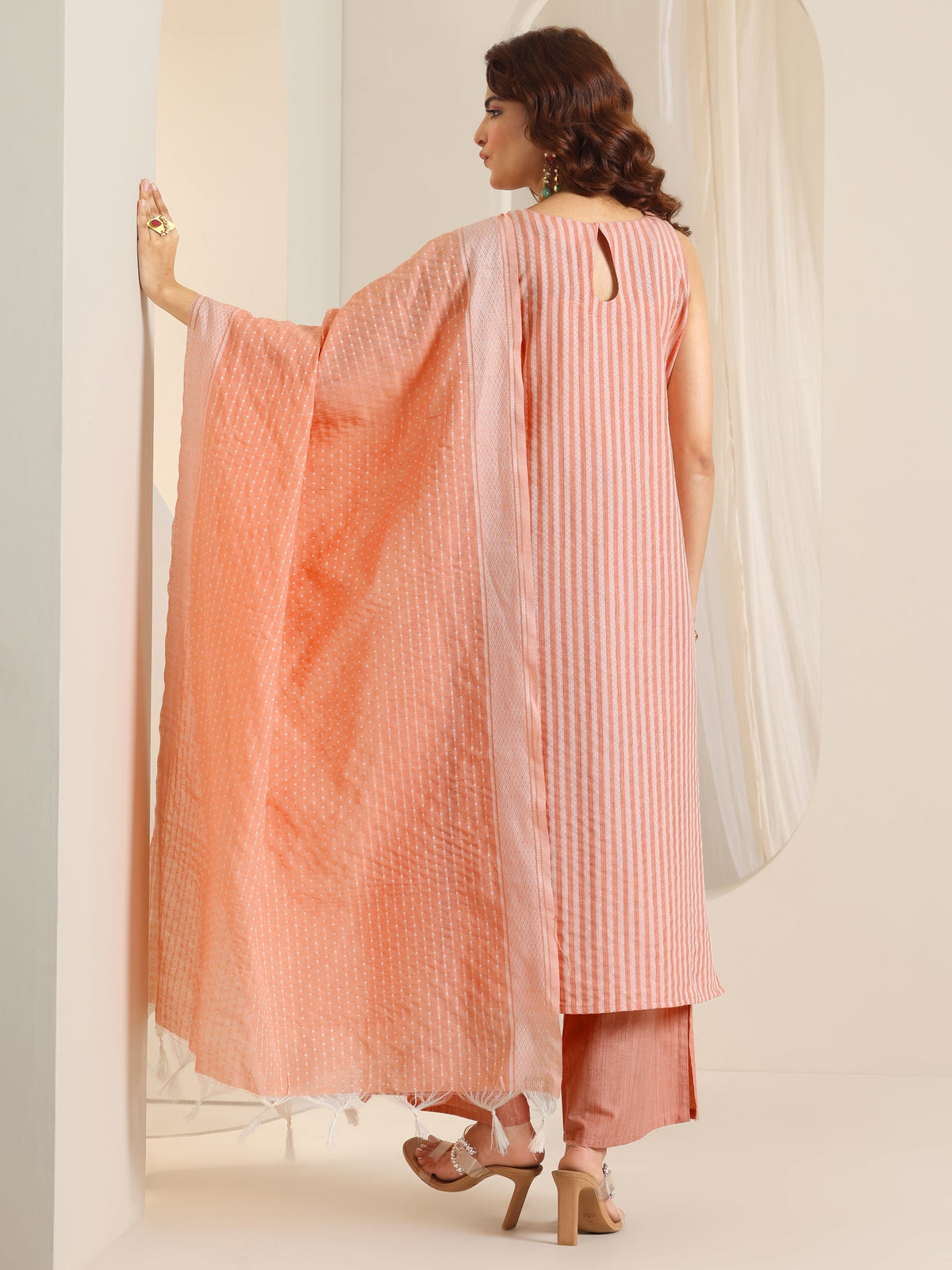 Anouk Peach Woven Design Cotton Blend Straight Suit Set With Dupatta