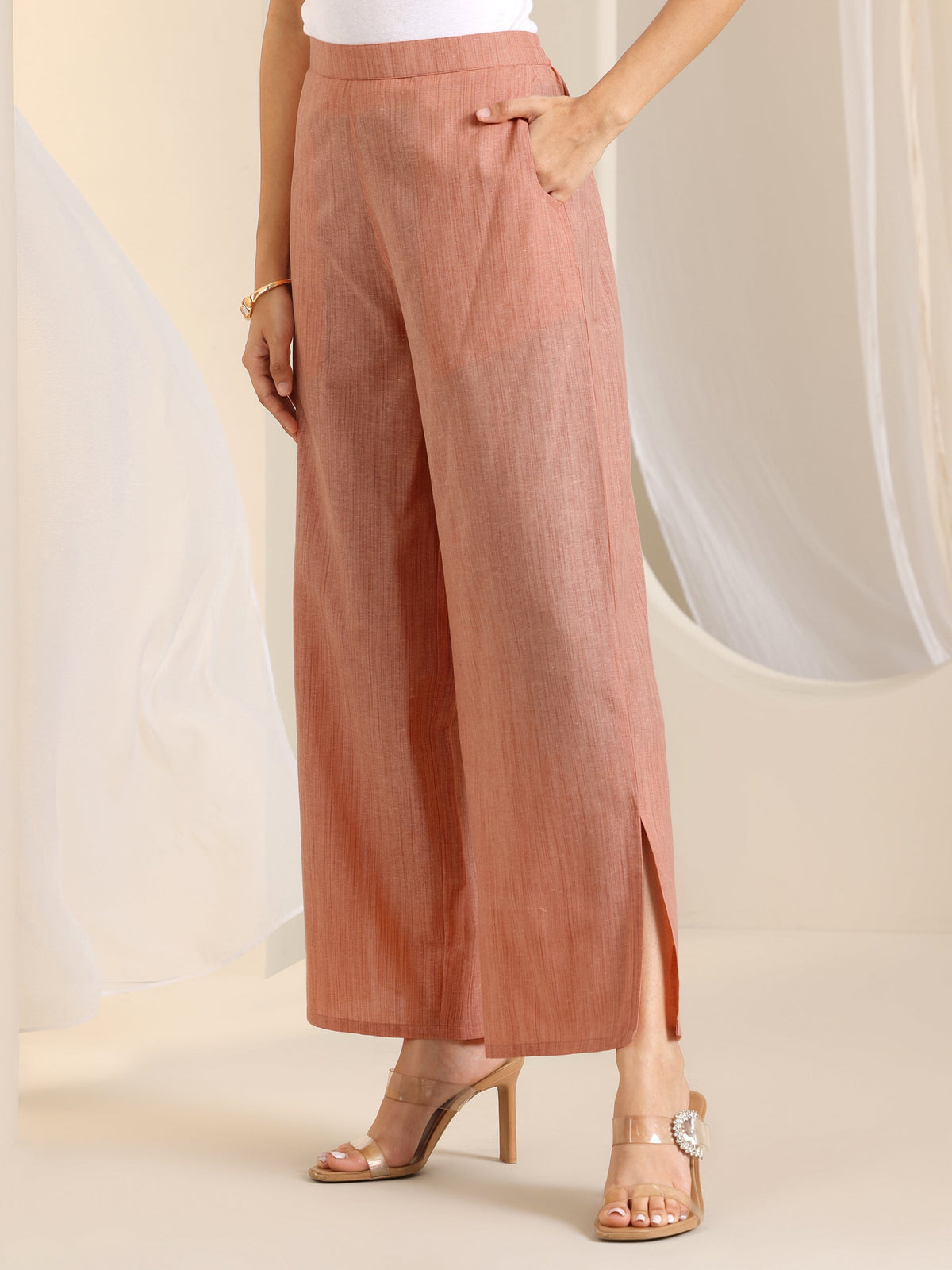 Anouk Peach Woven Design Cotton Blend Straight Suit Set With Dupatta