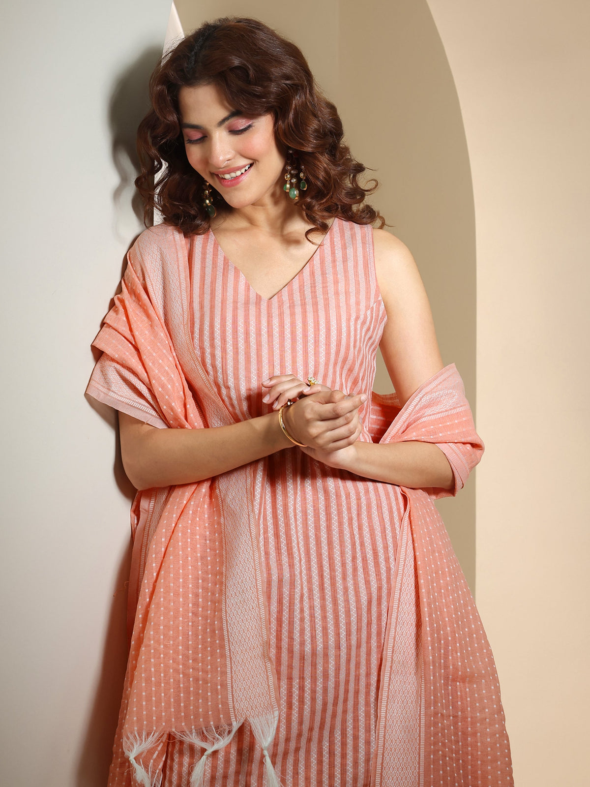 Anouk Peach Woven Design Cotton Blend Straight Suit Set With Dupatta