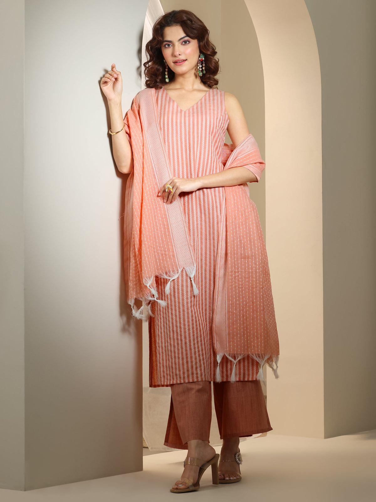 Anouk Peach Woven Design Cotton Blend Straight Suit Set With Dupatta