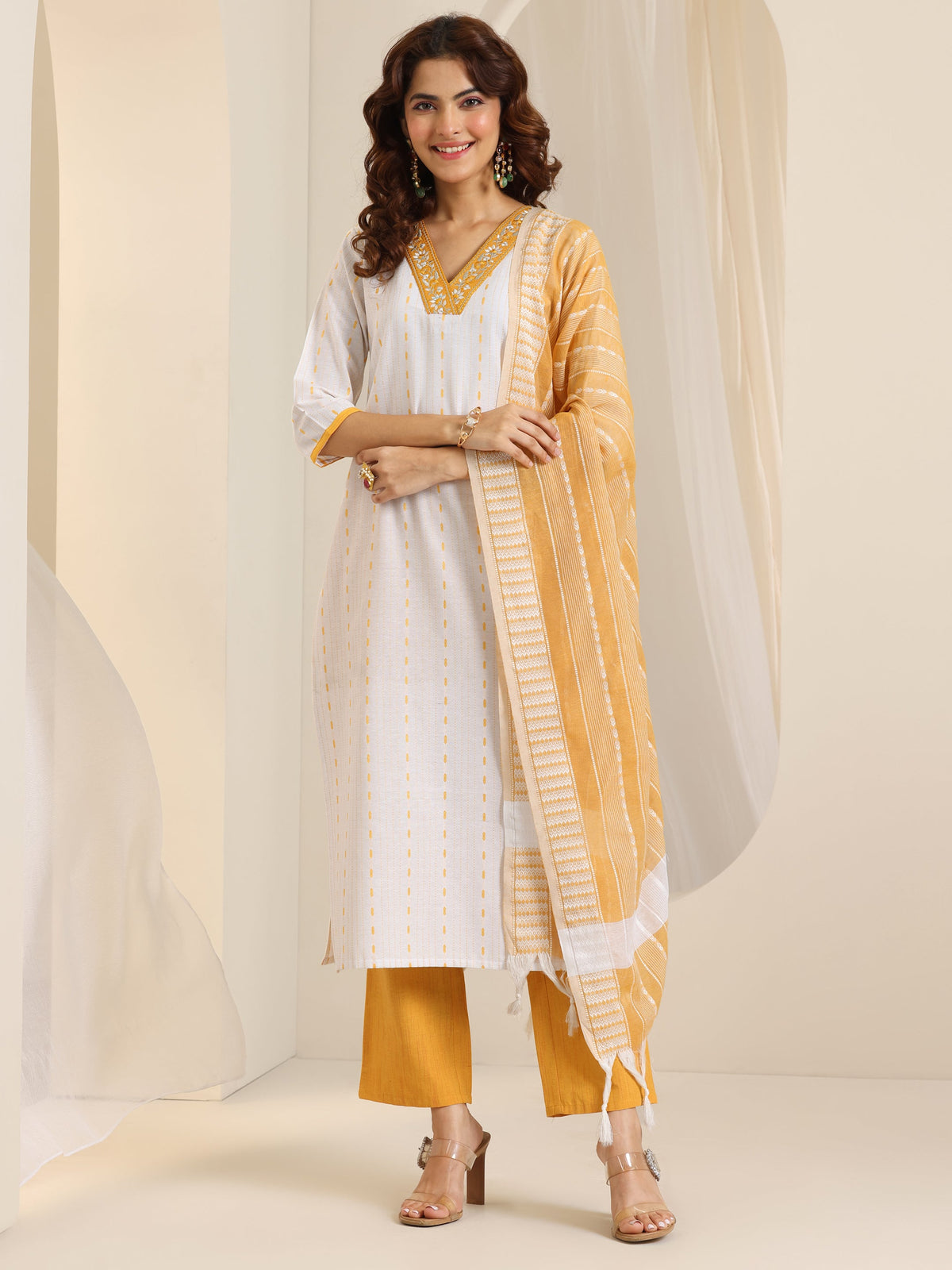 Anouk White Woven Design Cotton Blend Straight Suit Set With Dupatta