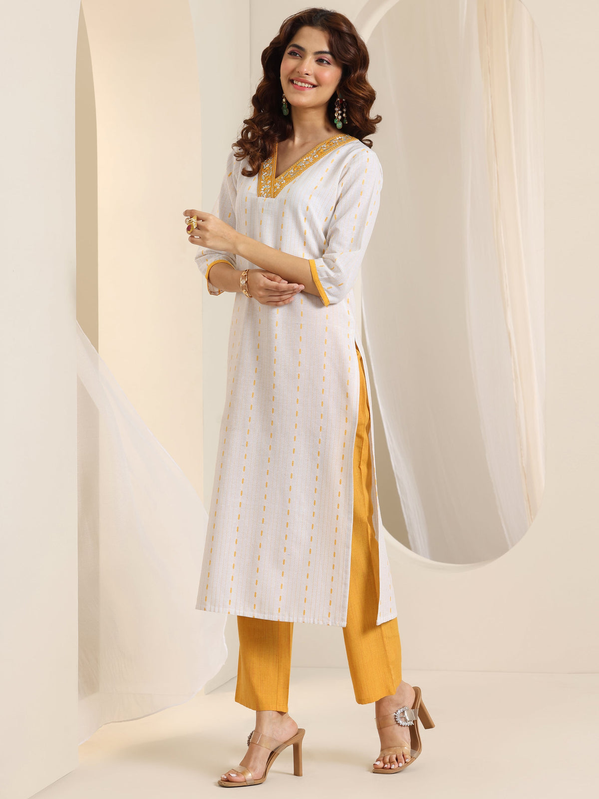 Anouk White Woven Design Cotton Blend Straight Suit Set With Dupatta