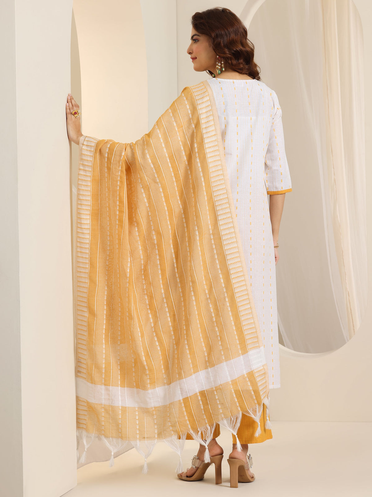 Anouk White Woven Design Cotton Blend Straight Suit Set With Dupatta