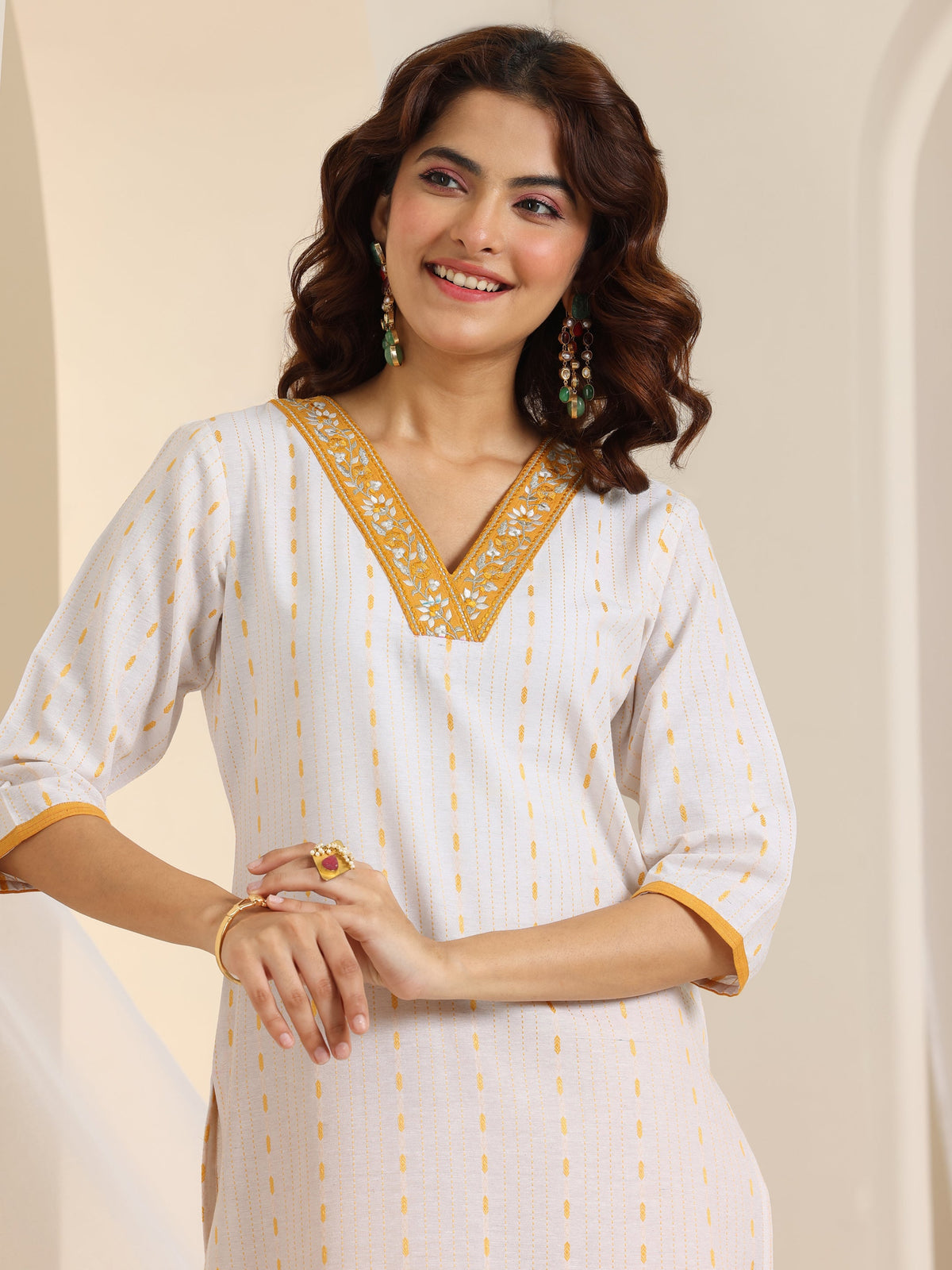Anouk White Woven Design Cotton Blend Straight Suit Set With Dupatta