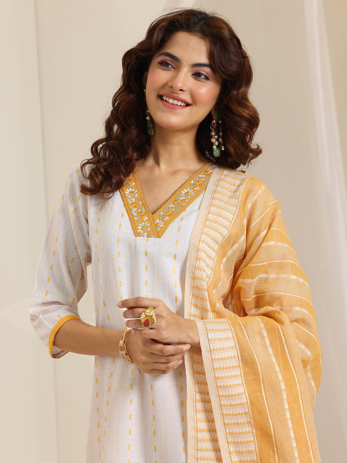 Anouk White Woven Design Cotton Blend Straight Suit Set With Dupatta