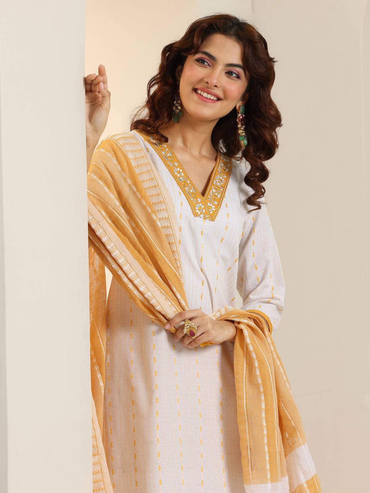Anouk White Woven Design Cotton Blend Straight Suit Set With Dupatta