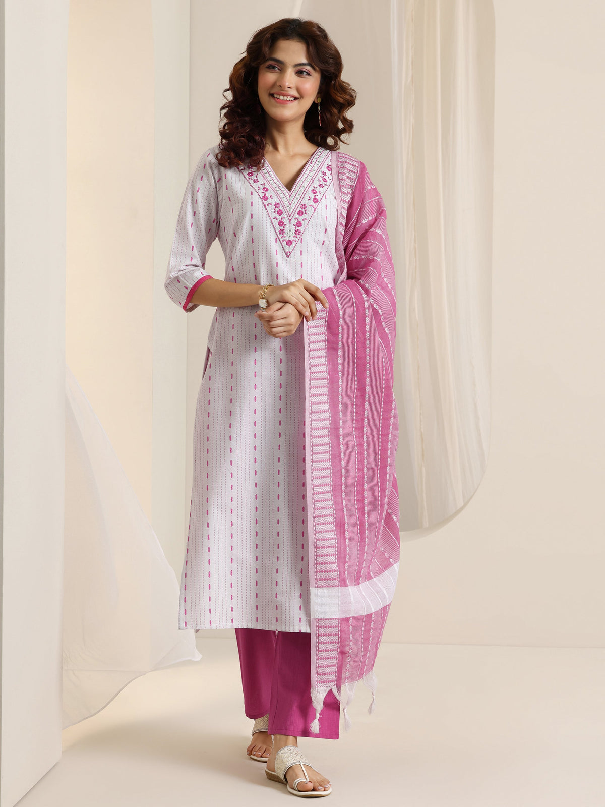 Anouk White Woven Design Cotton Blend Straight Suit Set With Dupatta