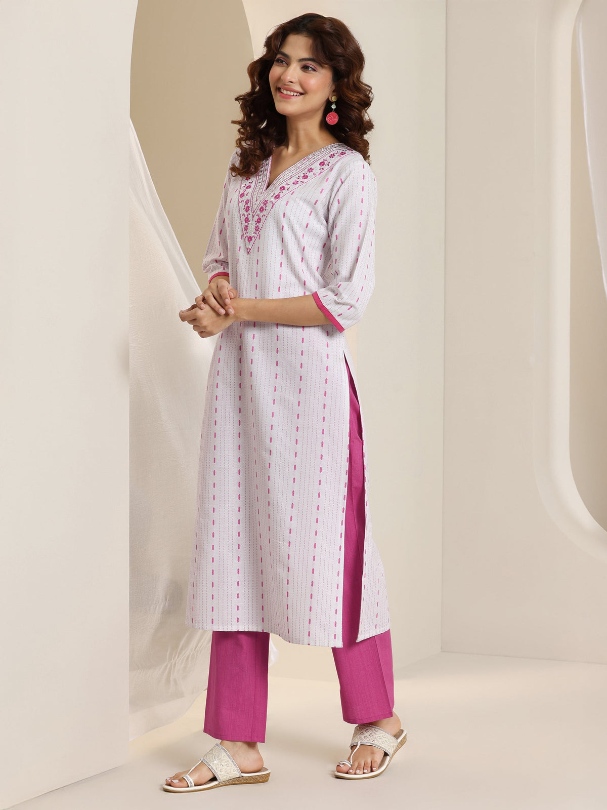Anouk White Woven Design Cotton Blend Straight Suit Set With Dupatta