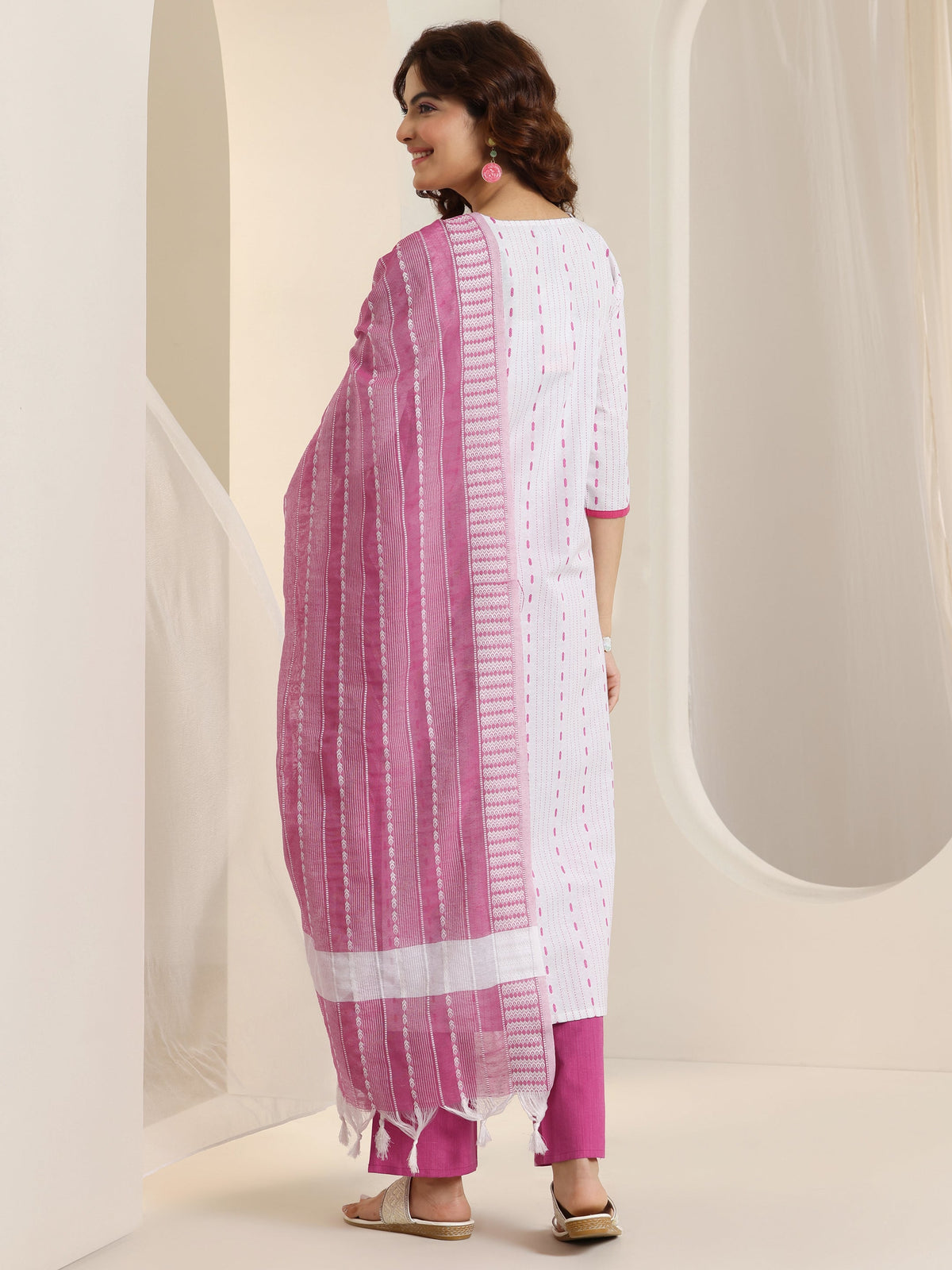 Anouk White Woven Design Cotton Blend Straight Suit Set With Dupatta