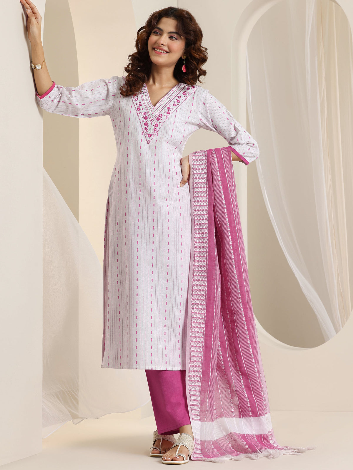 Anouk White Woven Design Cotton Blend Straight Suit Set With Dupatta