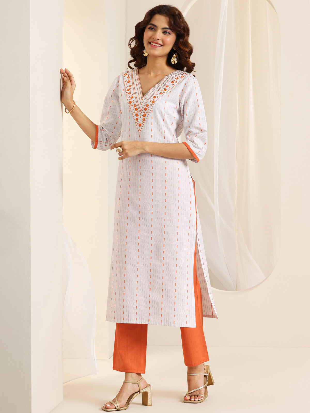Anouk White Woven Design Cotton Blend Straight Suit Set With Dupatta