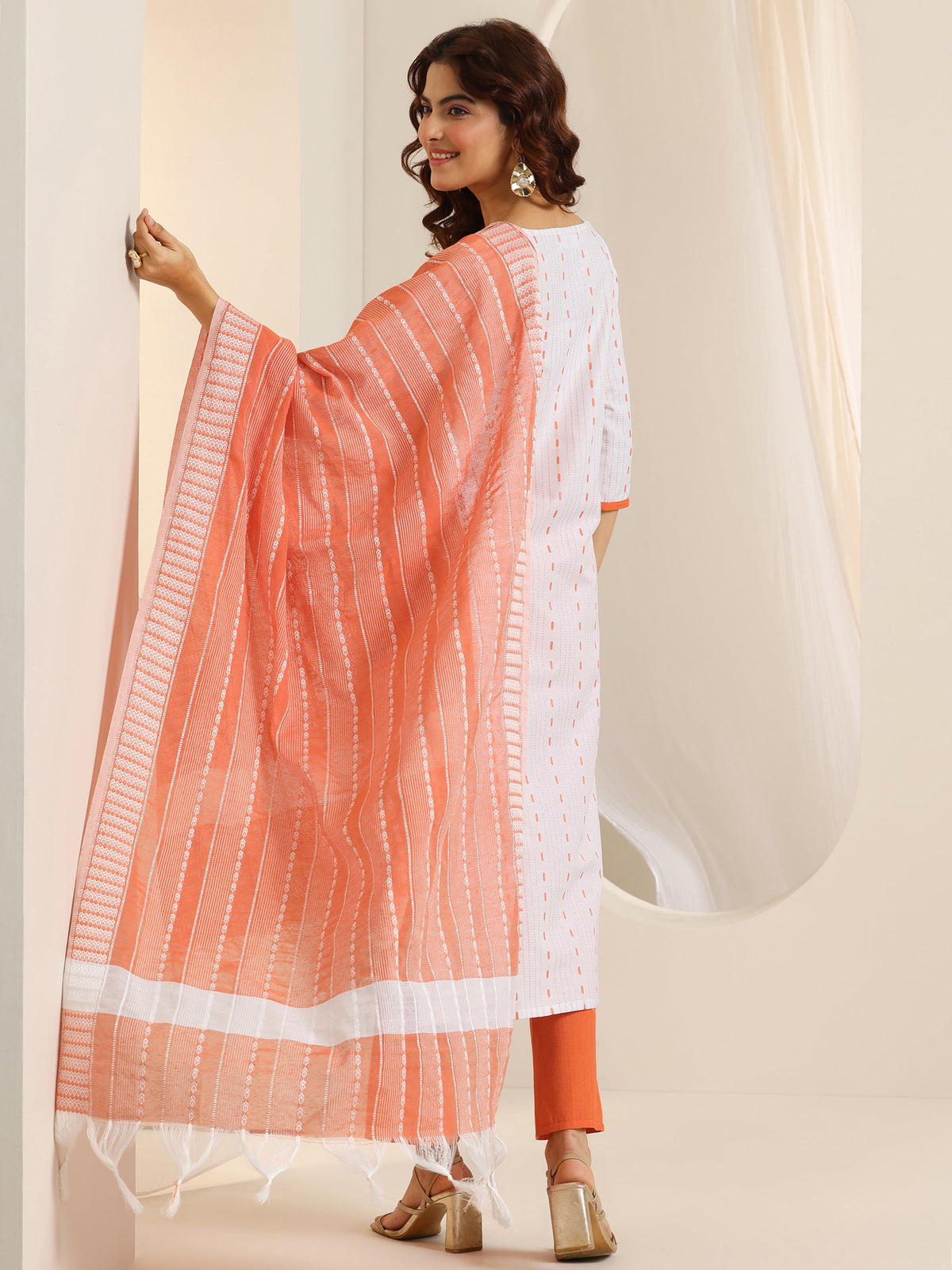 Anouk White Woven Design Cotton Blend Straight Suit Set With Dupatta