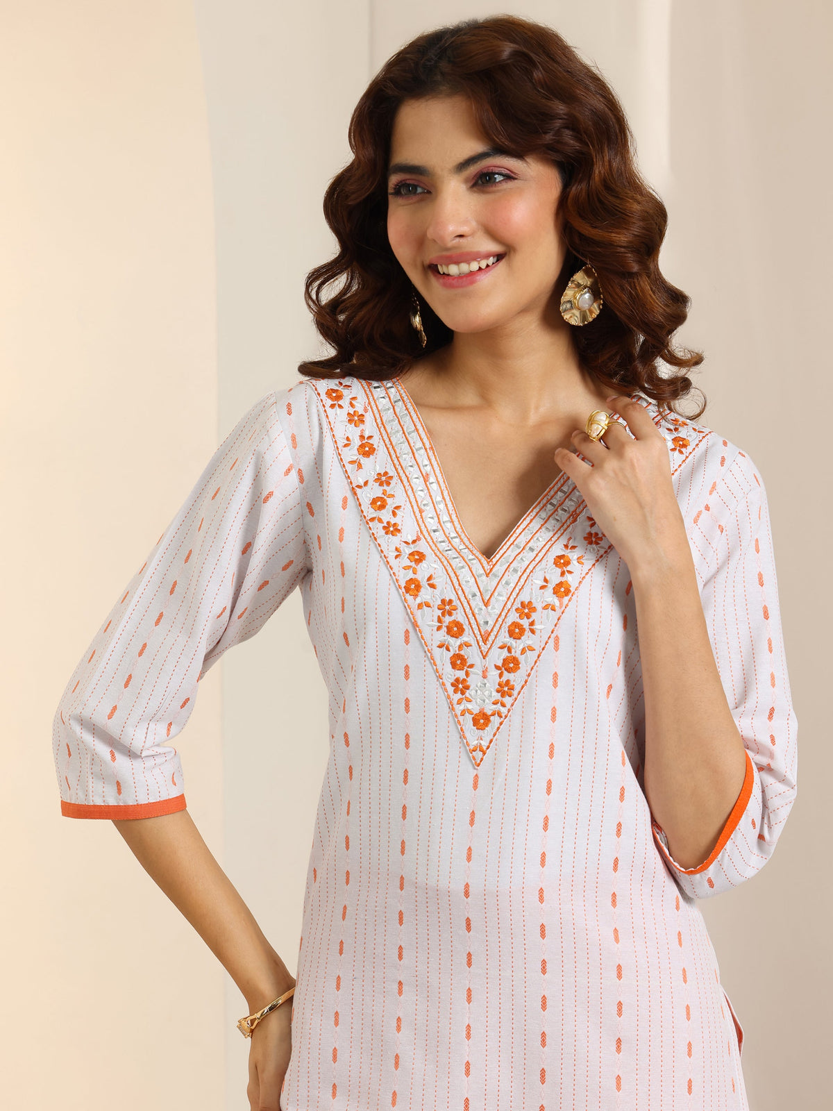 Anouk White Woven Design Cotton Blend Straight Suit Set With Dupatta