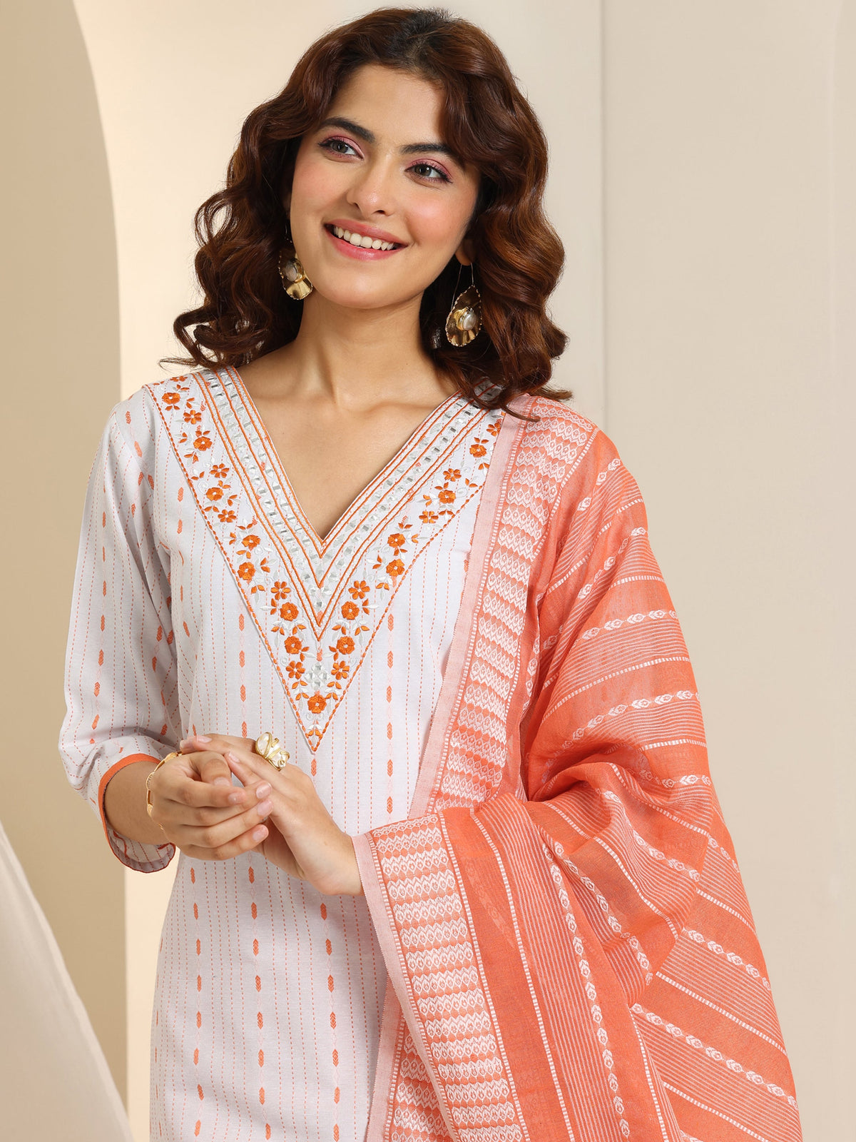 Anouk White Woven Design Cotton Blend Straight Suit Set With Dupatta