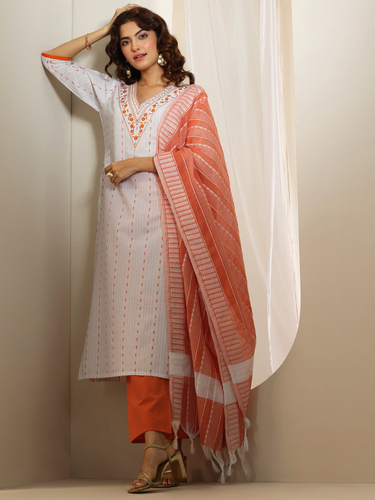 Anouk White Woven Design Cotton Blend Straight Suit Set With Dupatta