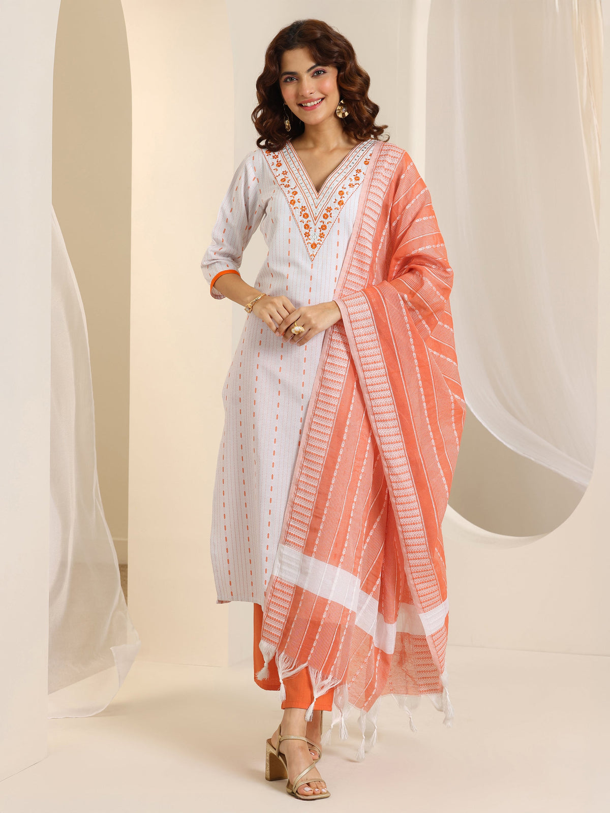 Anouk White Woven Design Cotton Blend Straight Suit Set With Dupatta