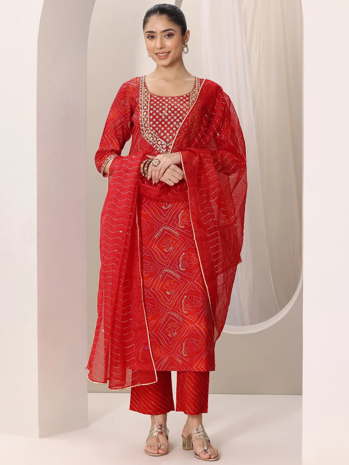 Anouk Red Printed Silk Blend Straight Suit Set With Dupatta
