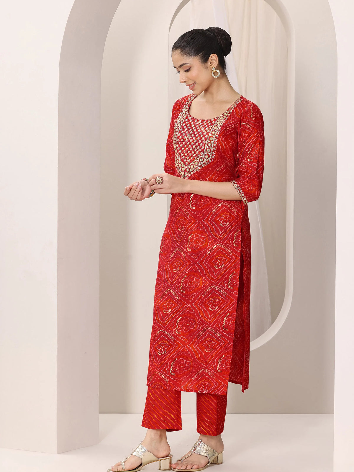Anouk Red Printed Silk Blend Straight Suit Set With Dupatta