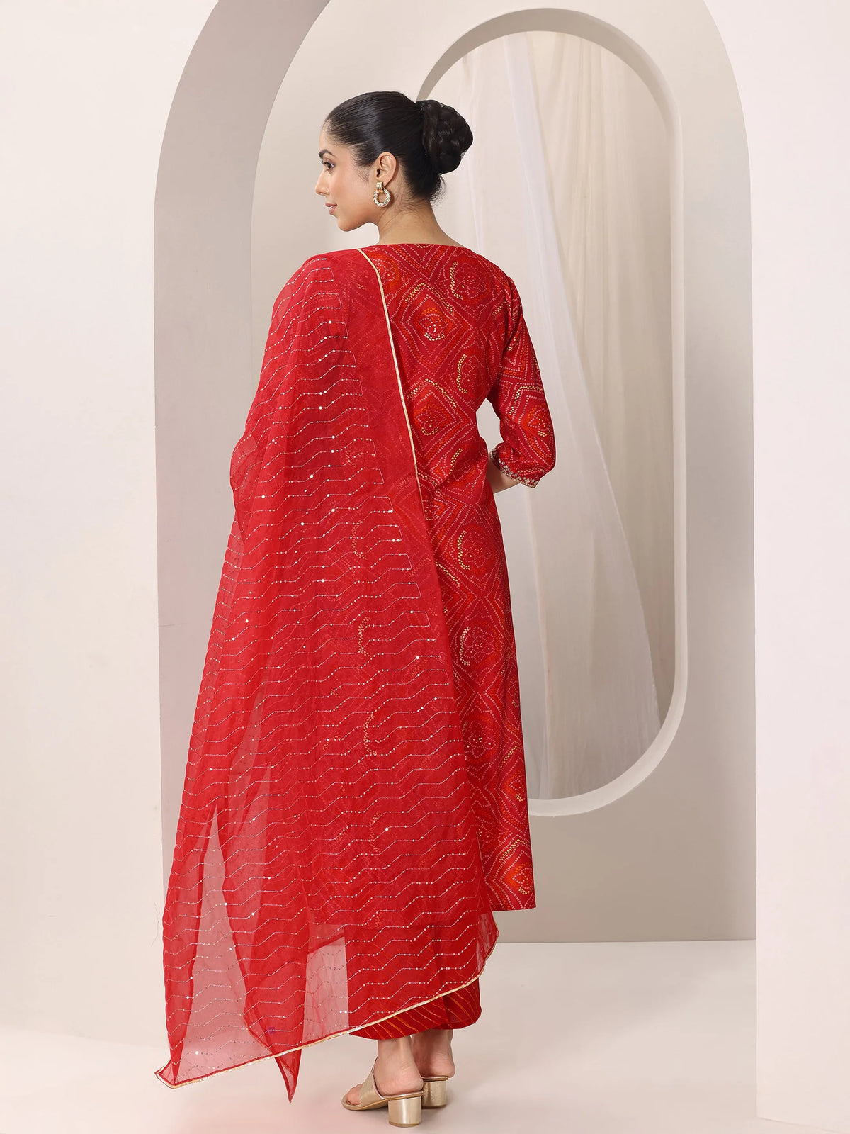 Anouk Red Printed Silk Blend Straight Suit Set With Dupatta