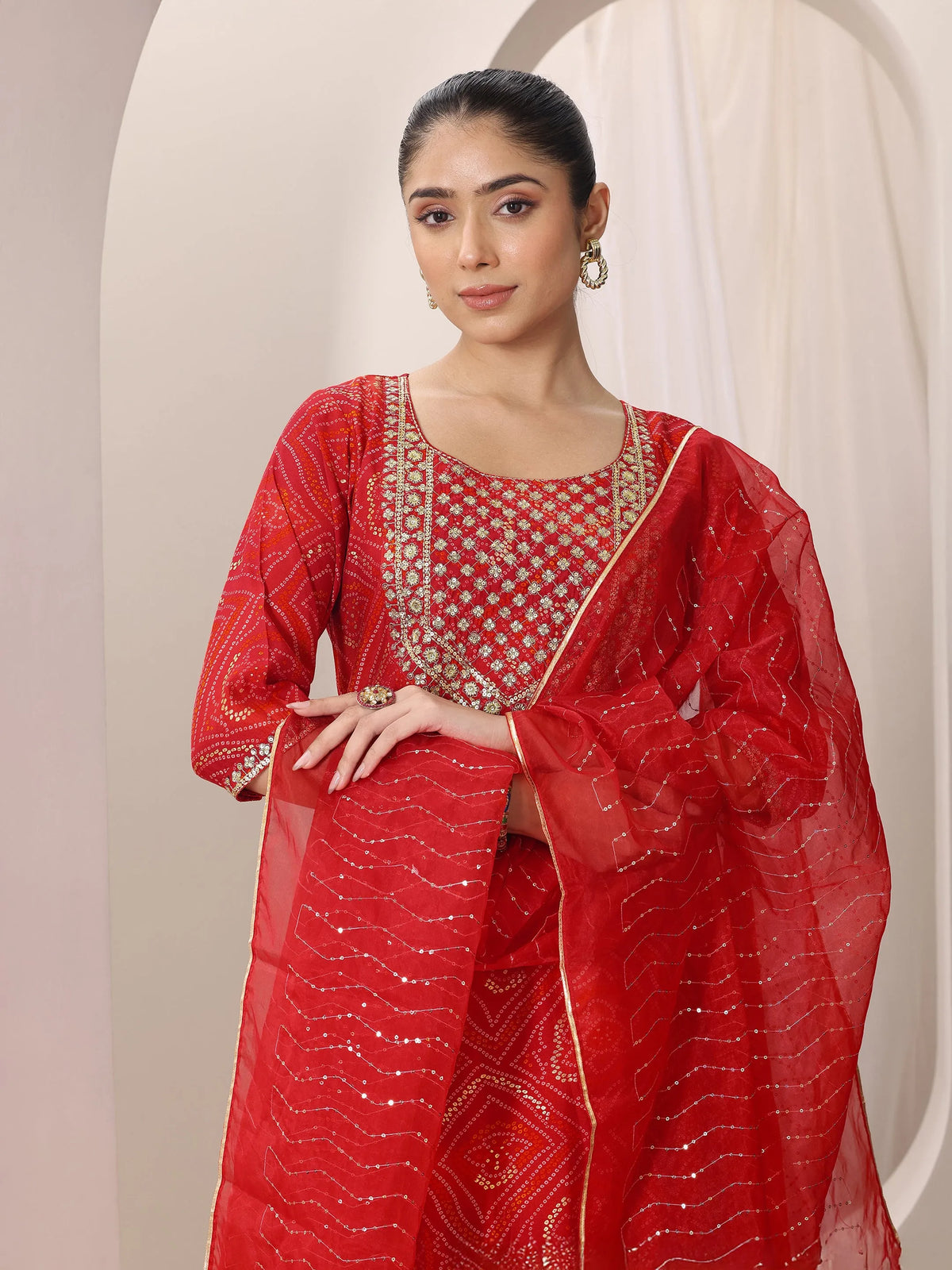 Anouk Red Printed Silk Blend Straight Suit Set With Dupatta