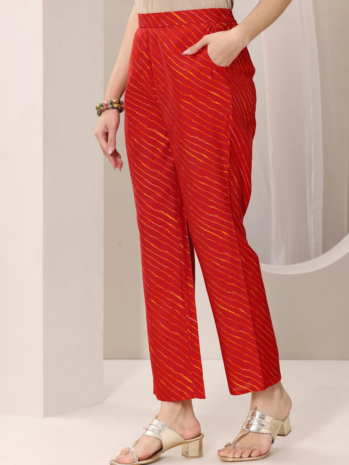 Anouk Red Printed Silk Blend Straight Suit Set With Dupatta