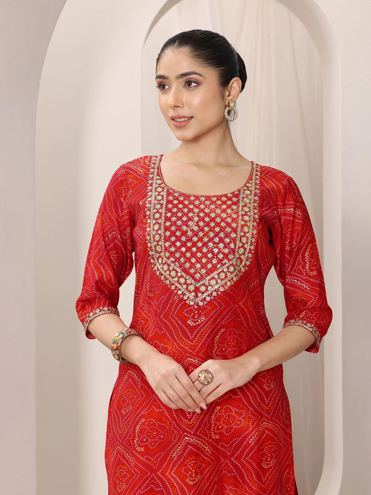 Anouk Red Printed Silk Blend Straight Suit Set With Dupatta