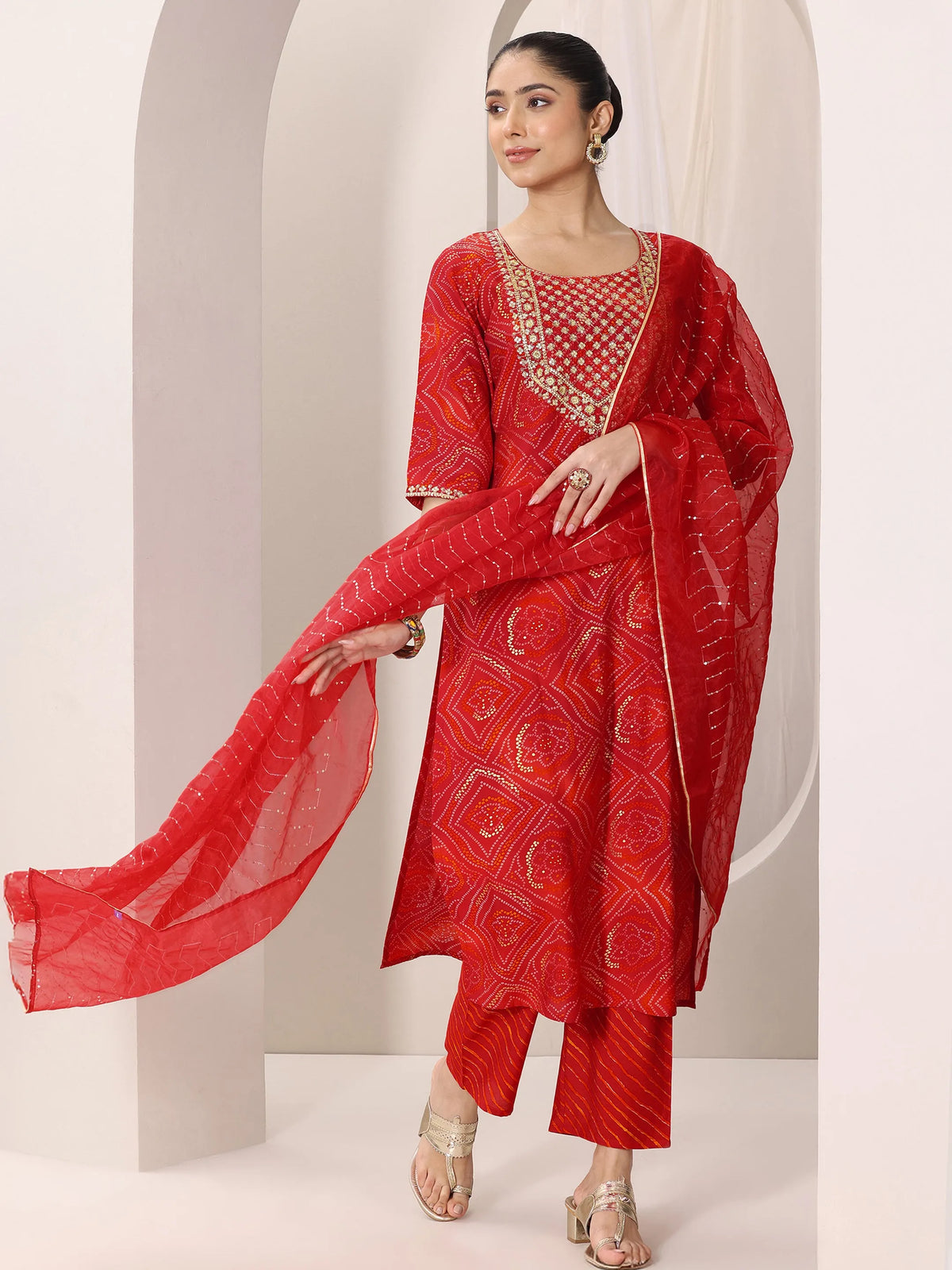 Anouk Red Printed Silk Blend Straight Suit Set With Dupatta