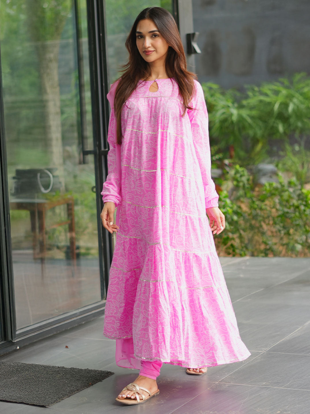 Anouk Pink Floral Printed Cotton Flared Suit Set With Dupatta